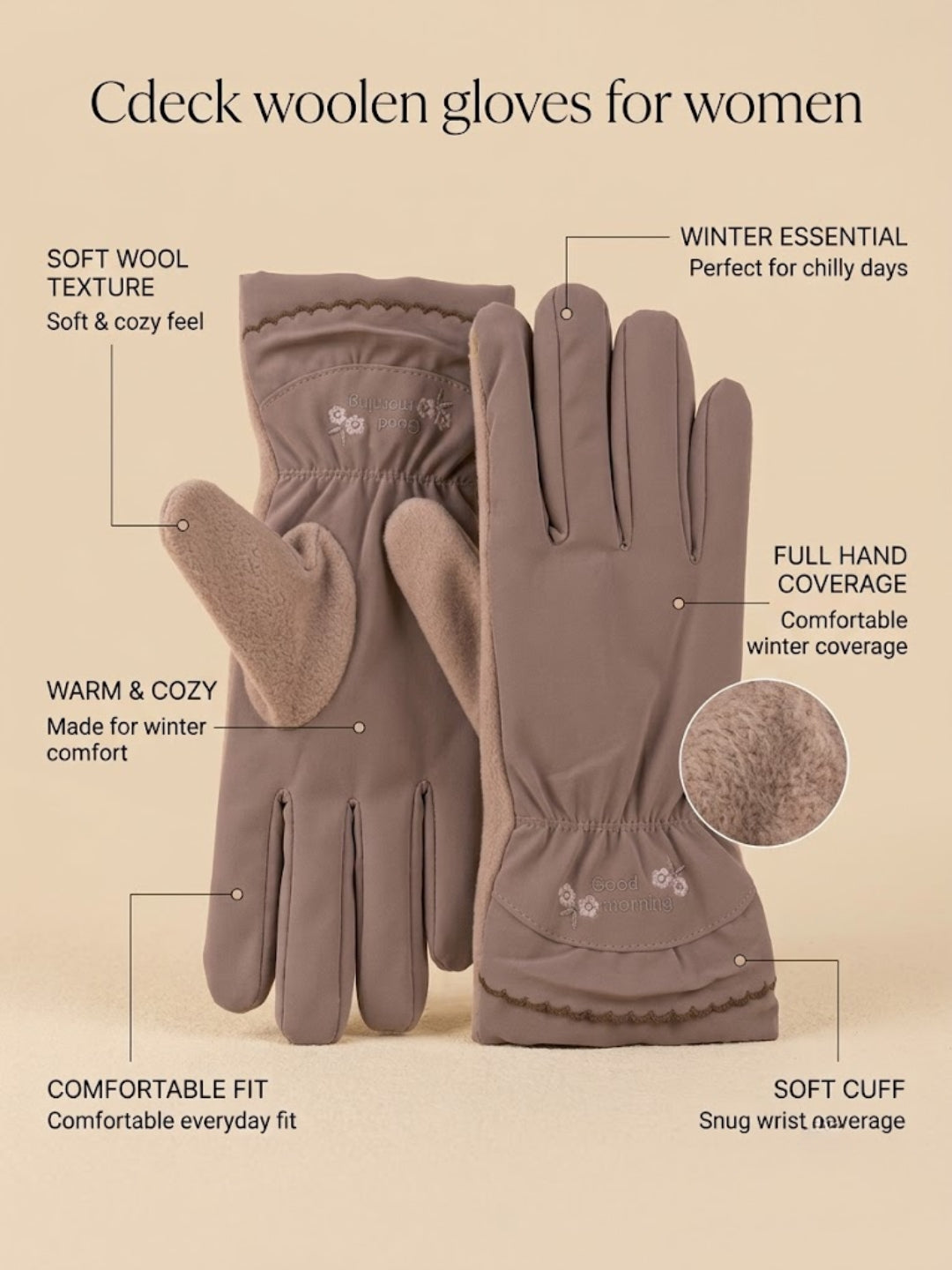 Cdeck Women’s Woolen Gloves | Warm Winter Gloves | Touchscreen Friendly | Free Size | Brown