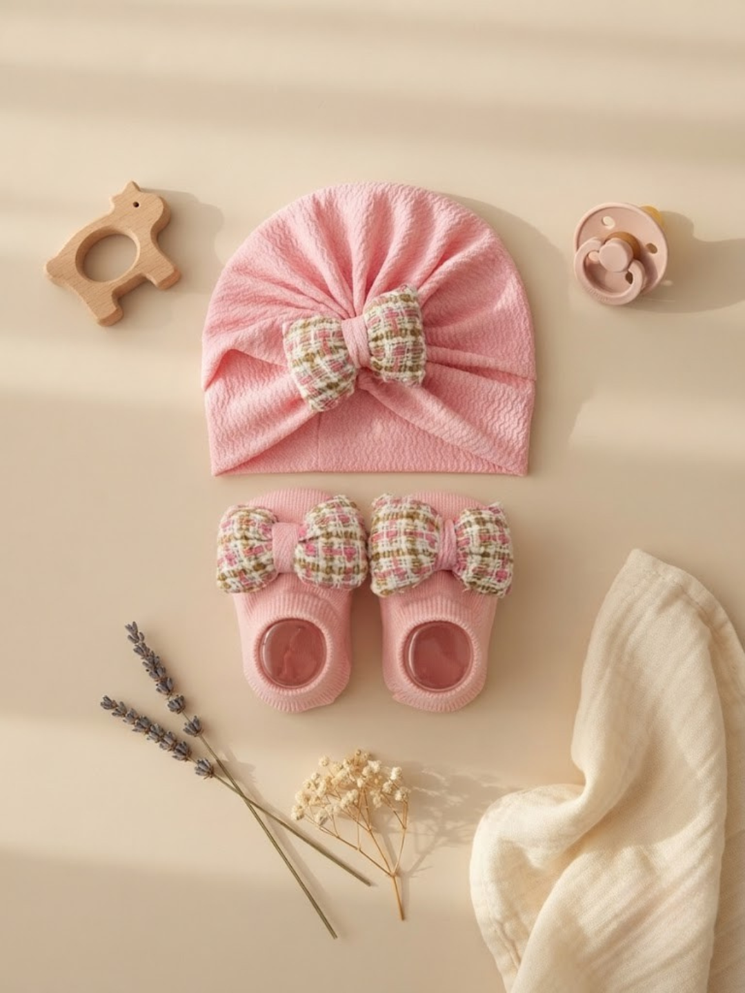 Cdeck Pure Cotton Baby Socks and Cap Set | Soft Pink Floral Bow Design | Comfortable Newborn Accessories