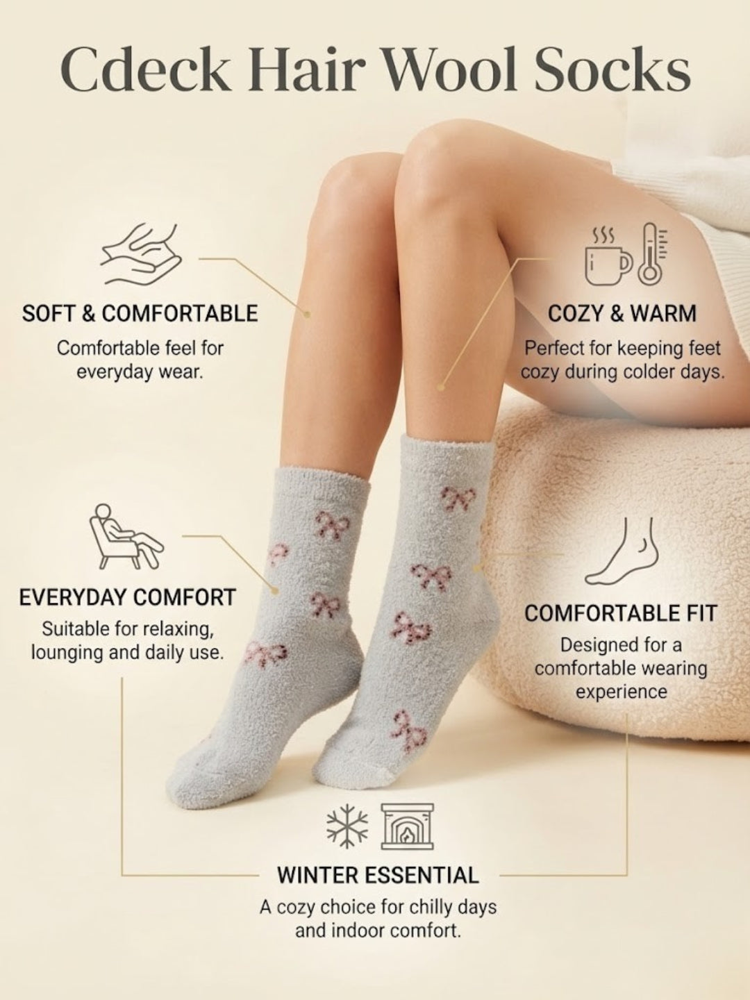 Cdeck Premium Rabbit Hair Wool Socks for Women – Ultra Soft Warm Cozy Mid-Calf Fuzzy Socks with Cute Bow Pattern