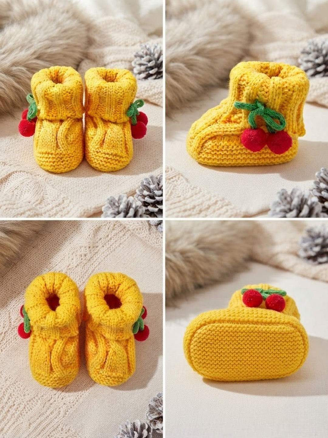 Cdeck Baby Wool Booties with Cherry Pom-Pom Design | Soft Knitted Baby Shoes | Cute Yellow Booties for Babies 0-9 Months