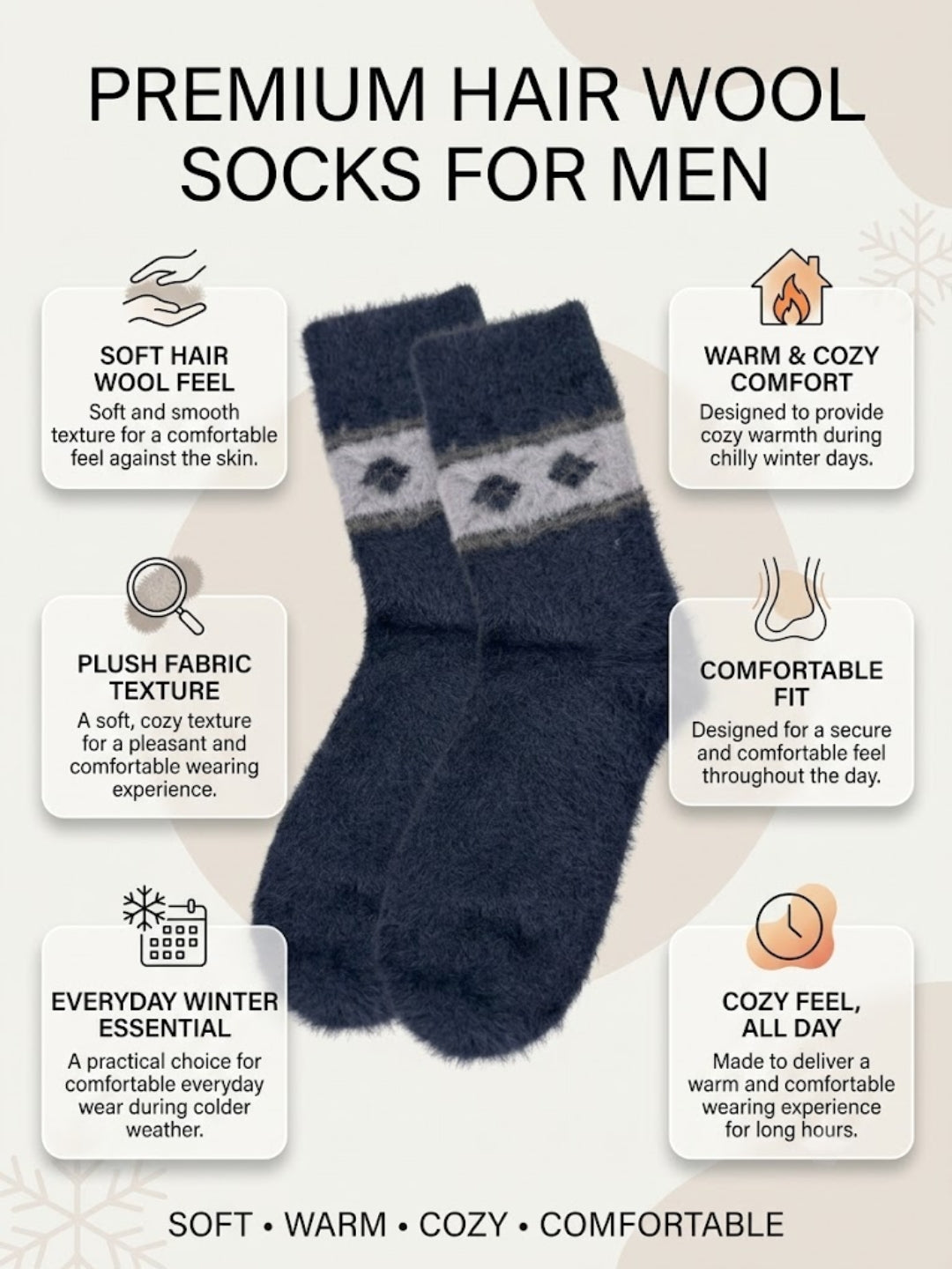 Cdeck Men’s Premium Fuzzy Wool Winter Socks | Soft, Warm & Comfortable | Stretchable Free Size | Navy Blue