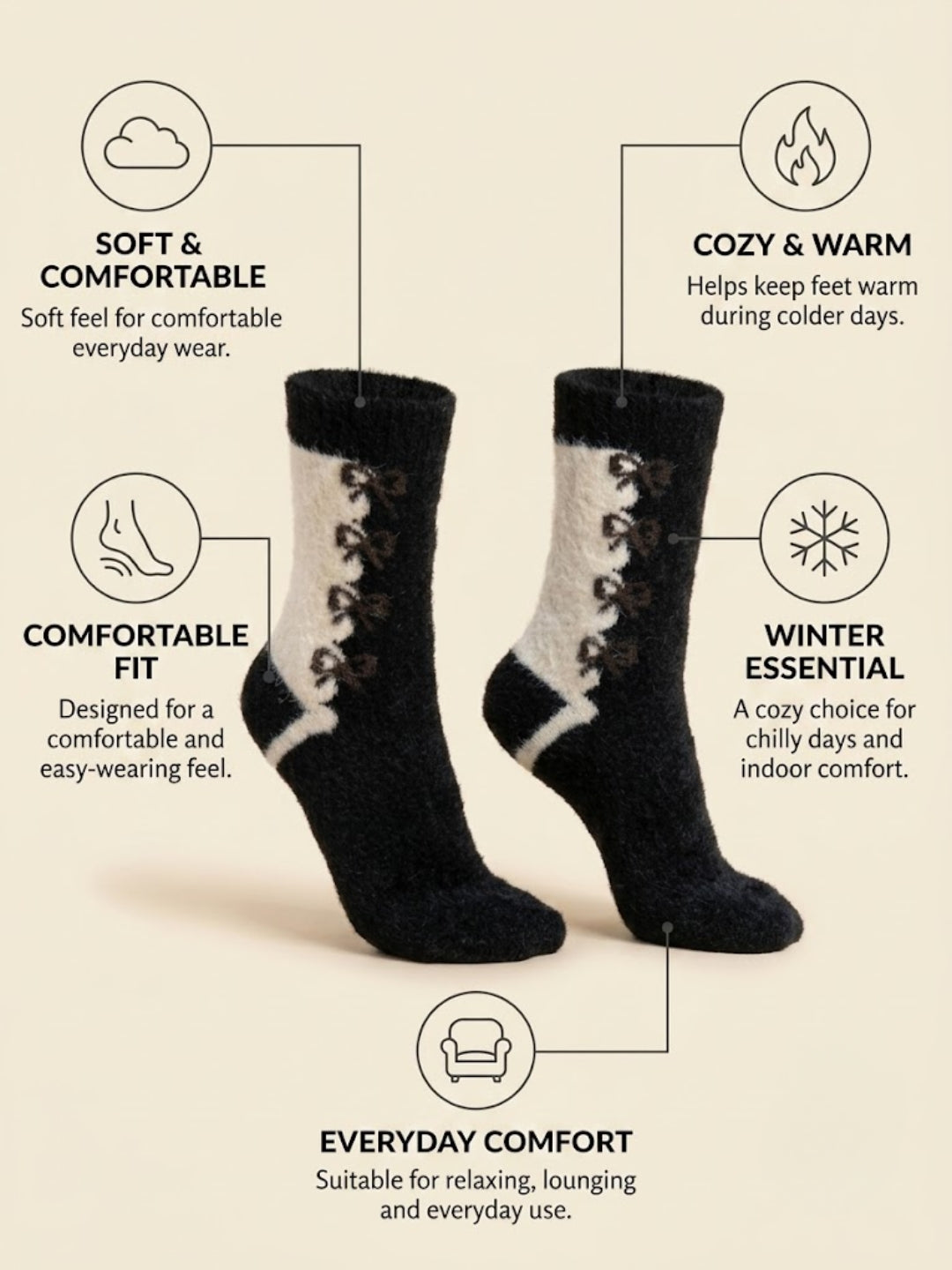 Cdeck Women Premium hair Wool Socks |  Warm & Comfortable | Free Size  |  Black & Cream