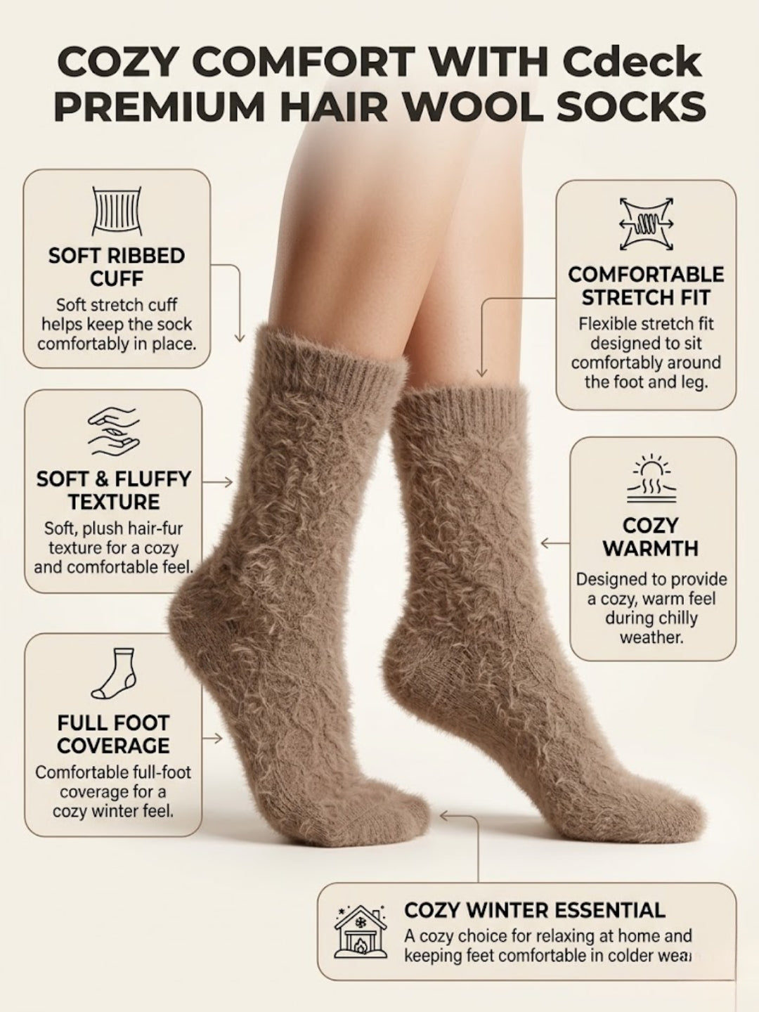 Cdeck Women’s Soft & Warm Woolen Fuzzy Socks | Cozy Thick Winter Socks for Women | Taupe Brown