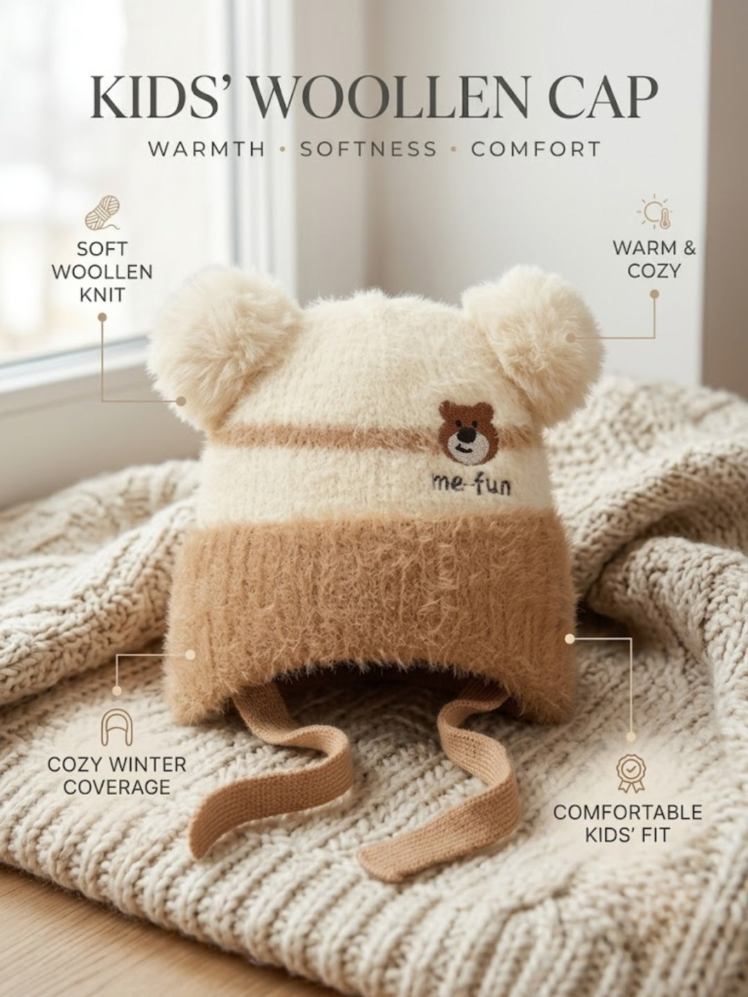 Cdeck Kids Woolen Winter Cap for Boys & Girls | Warm & Comfortable Winter Wear | 2–4 Years  | Beige