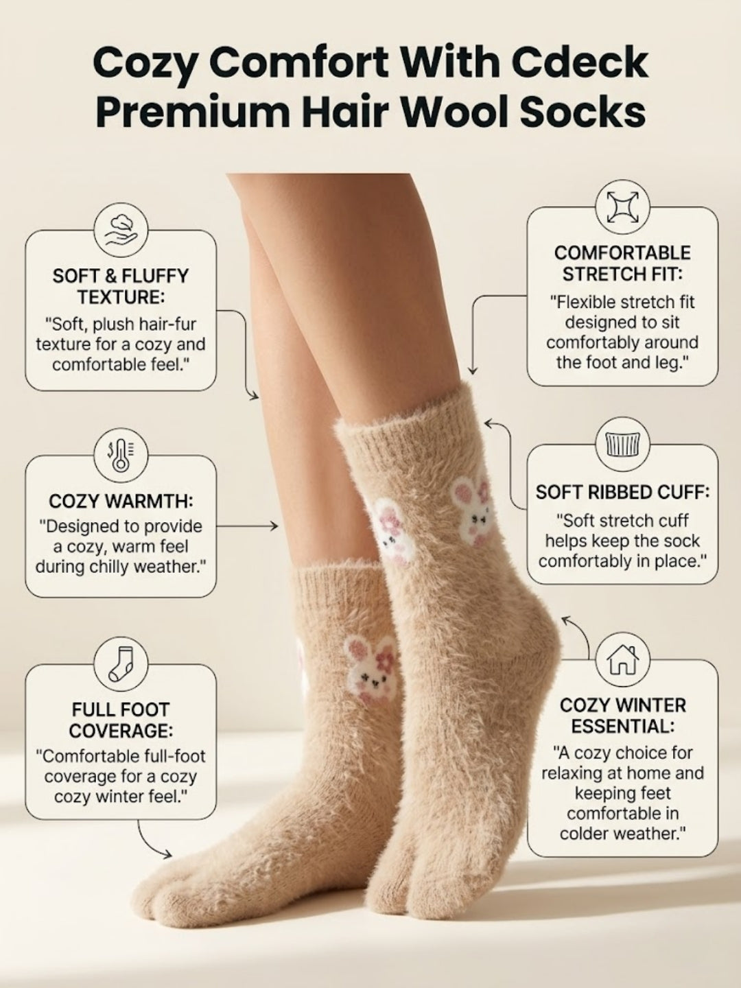 Cdeck Women’s Premium Fuzzy Split-Toe Socks – Cute Bunny Design, Warm Winter Socks, Free Size, Beige