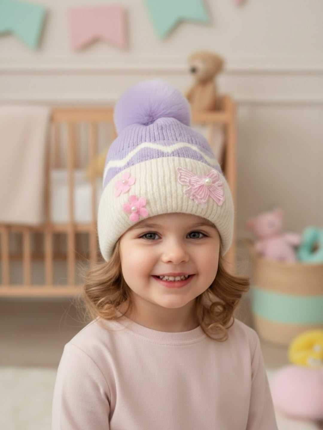 Cdeck Kids Woolen Winter Cap for Baby Girls | Soft, Warm & Comfortable | 1–2 Years
