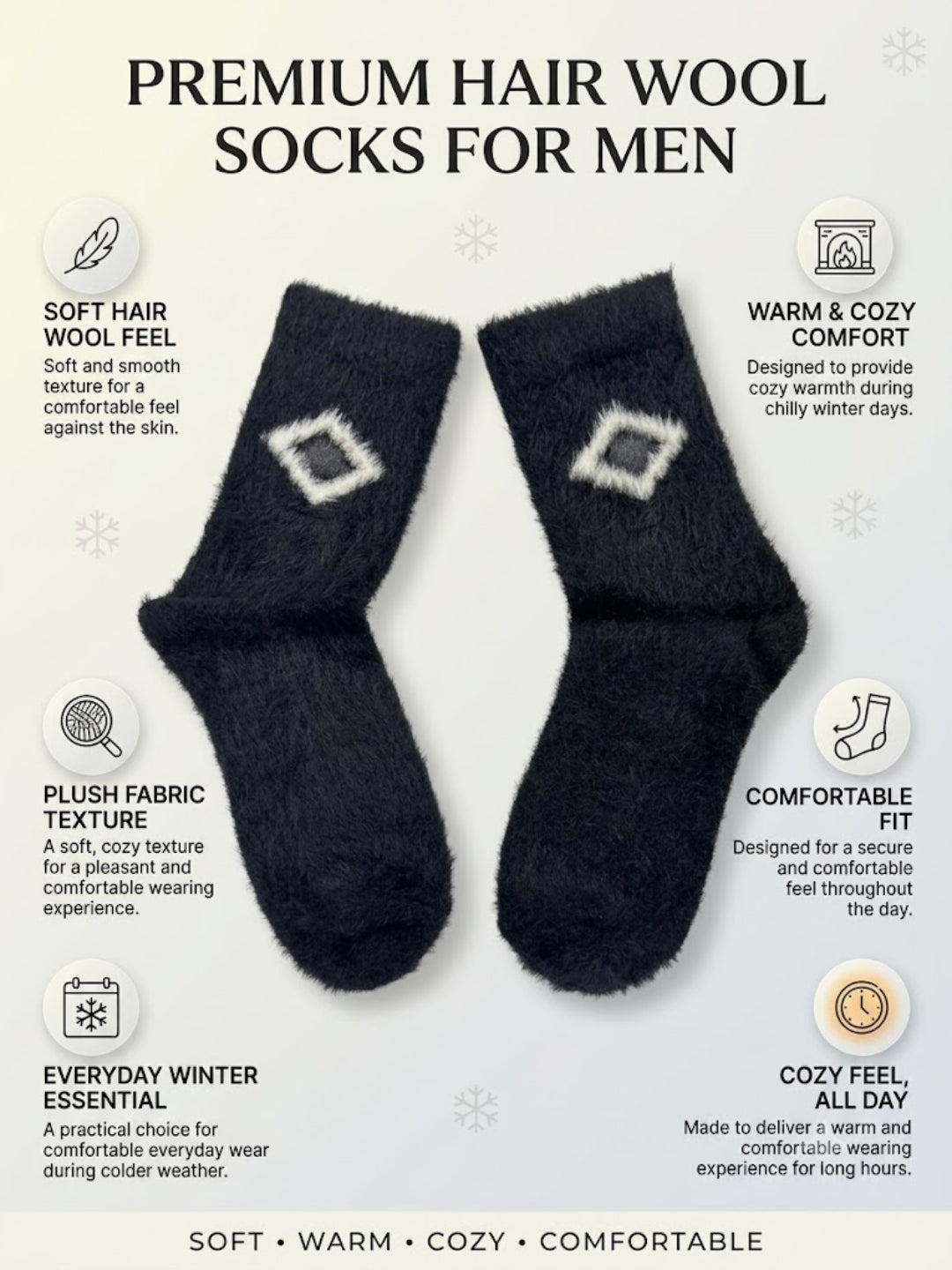 Cdeck Men’s Hair Wool Winter Socks | 2 Pair Set | Soft, Warm & Stretchable | Universal Fit for Adults | Black & Cream