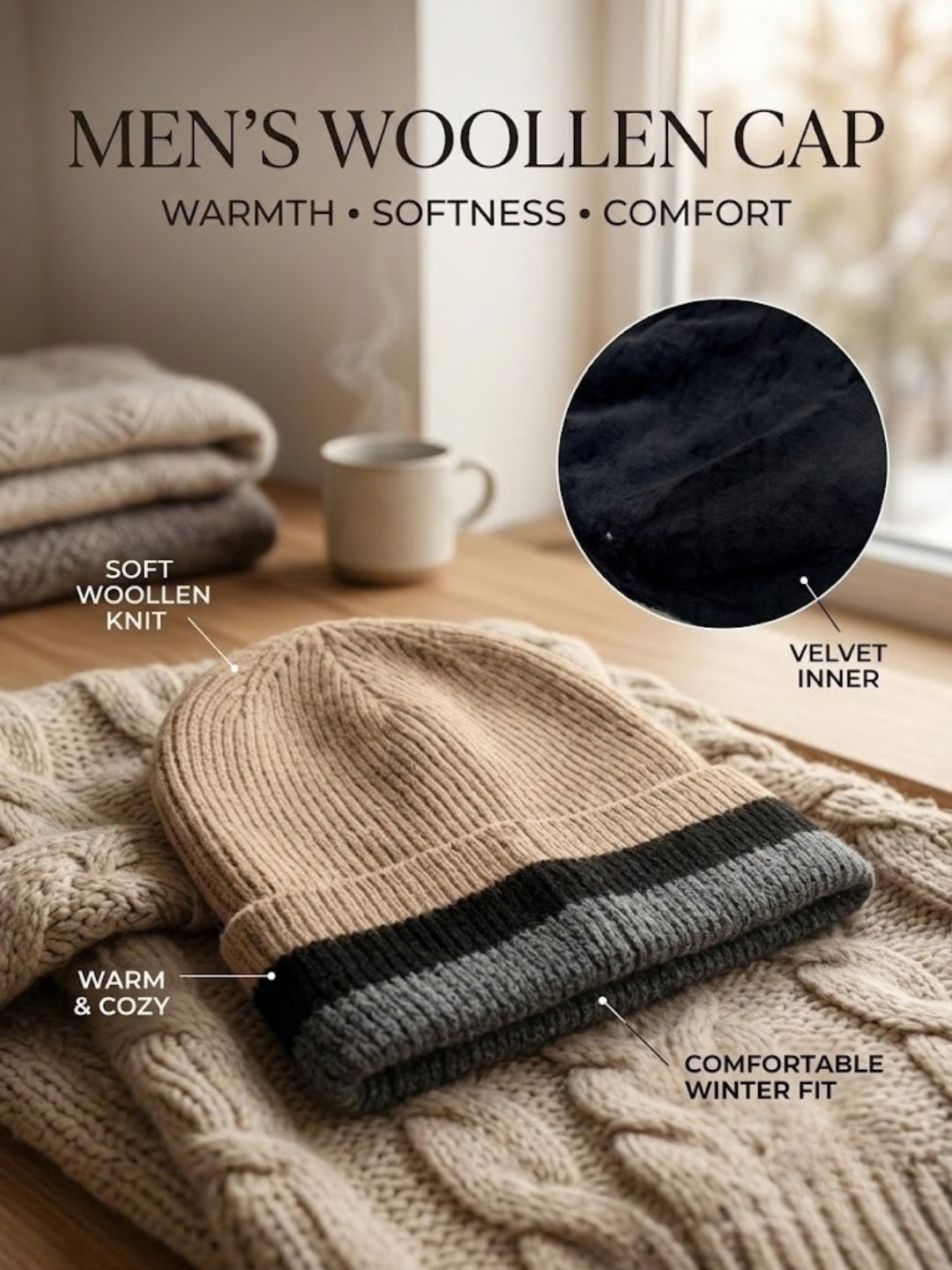 Cdeck Men’s Woolen Winter Cap | Soft, Warm & Comfortable Cap for Everyday Wear | Free Size | Brown