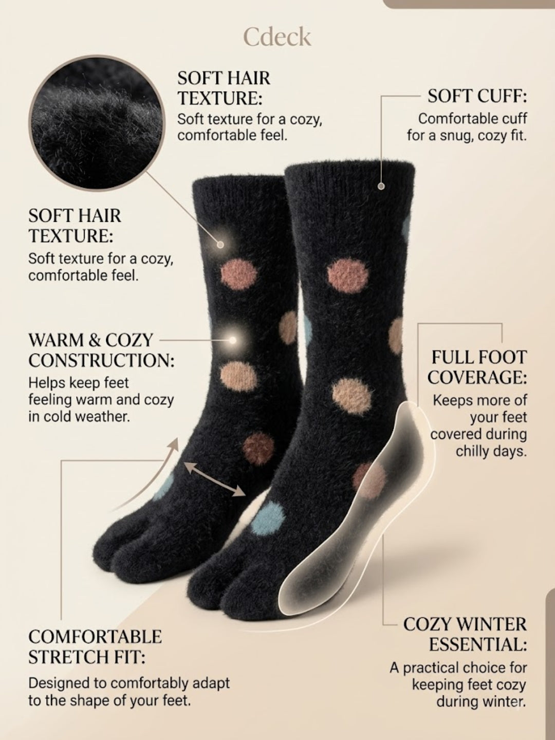 Cdeck Premium Warm Socks for Adult Women | Soft Cozy Rabbit Hair Wool Winter Socks for Everyday Wear | Black