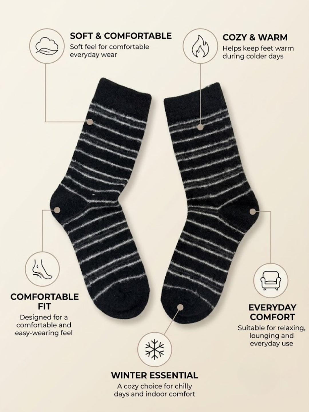 Cdeck Men’s Hair Wool Winter Socks | Single Pair | Soft, Warm & Comfortable | Black & White Striped