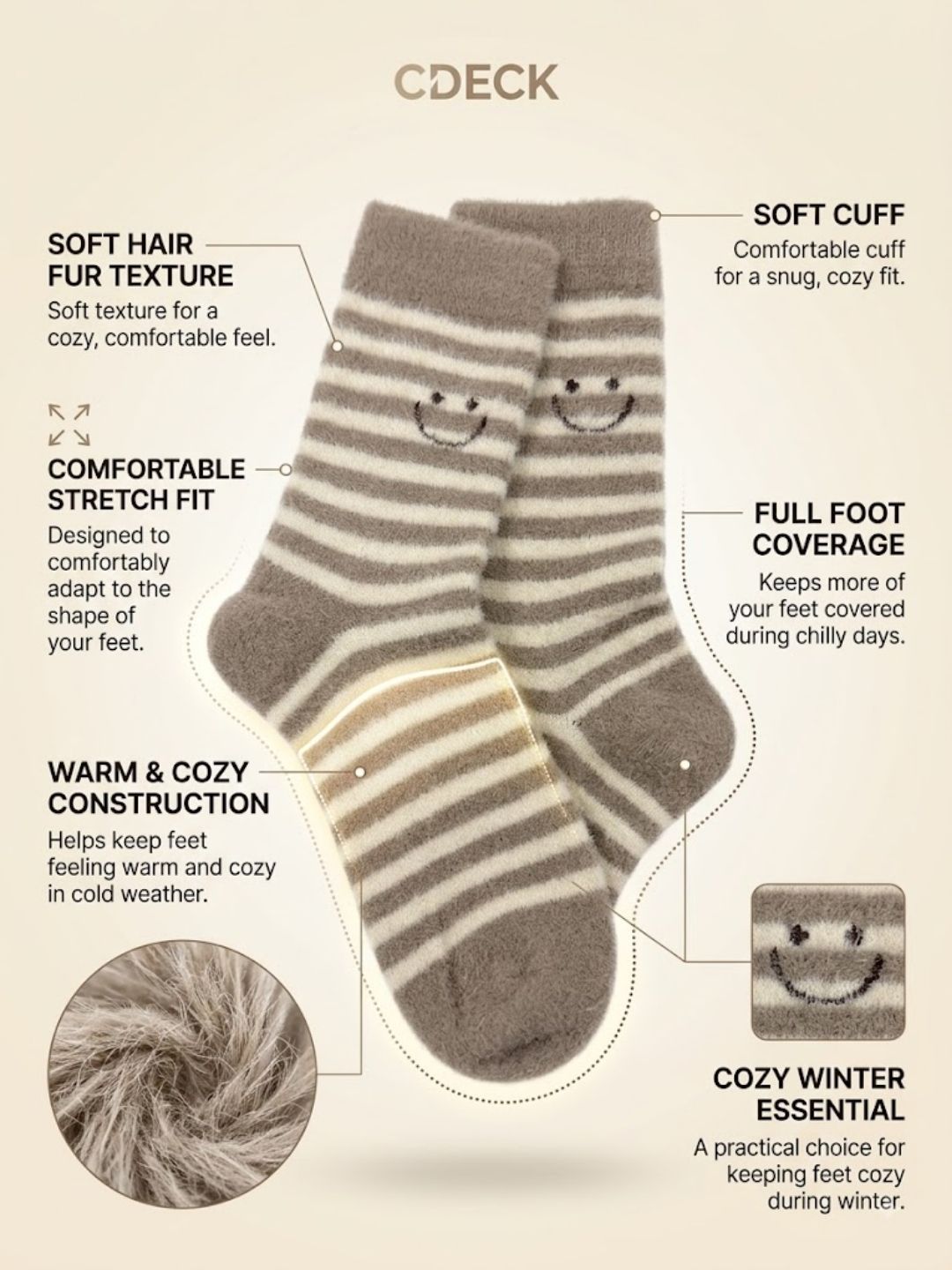 Cdeck Women’s Premium Hair Wool Fuzzy Socks | Soft & Warm Thick Winter Socks | Brown & Cream