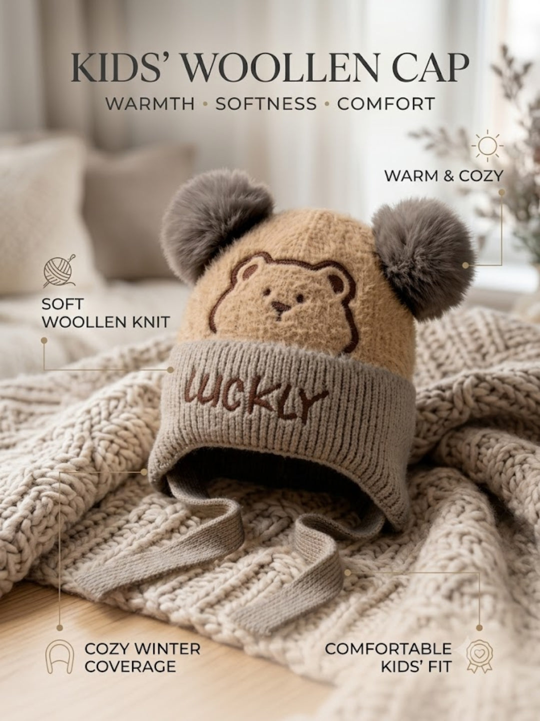 Cdeck Kids Woolen Winter Cap for Boys & Girls | Warm & Comfortable Winter Wear | 2–4 Years |Brown