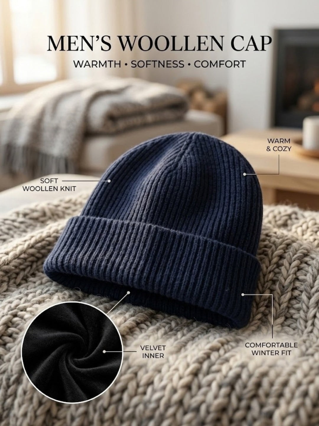 Cdeck Men’s Woolen Winter Cap | Soft, Warm & Comfortable Cap for Everyday Wear | Free Size  |Blue