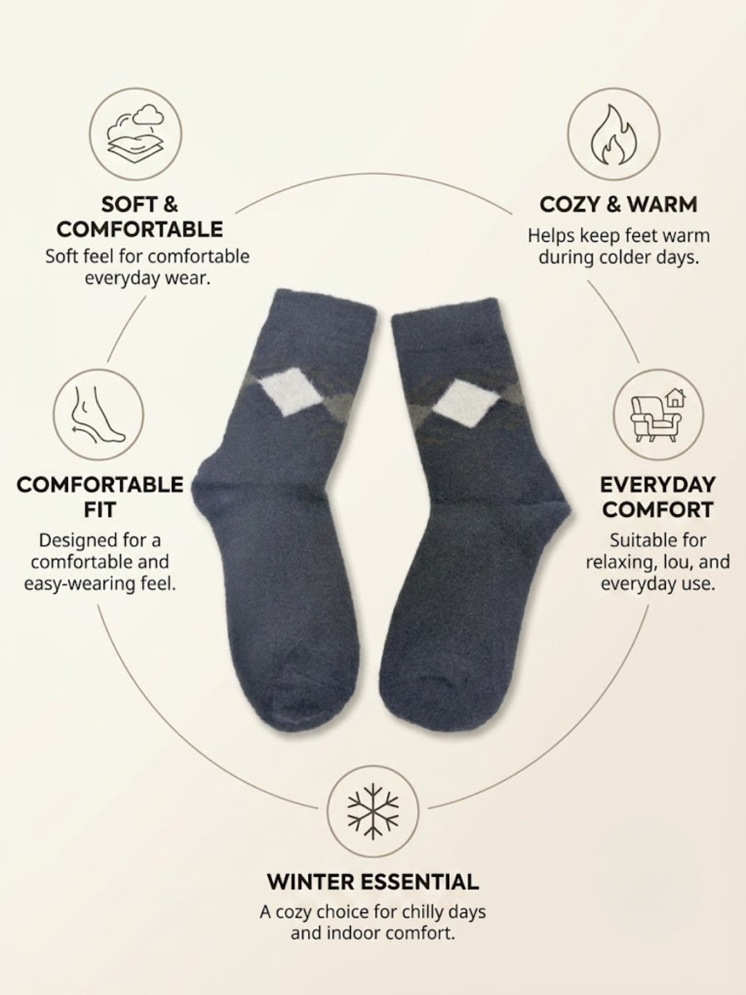 Cdeck Men’s Premium Hair Wool Winter Socks| Soft, Fuzzy, Warm & Comfortable | Black & Grey  | Free Size