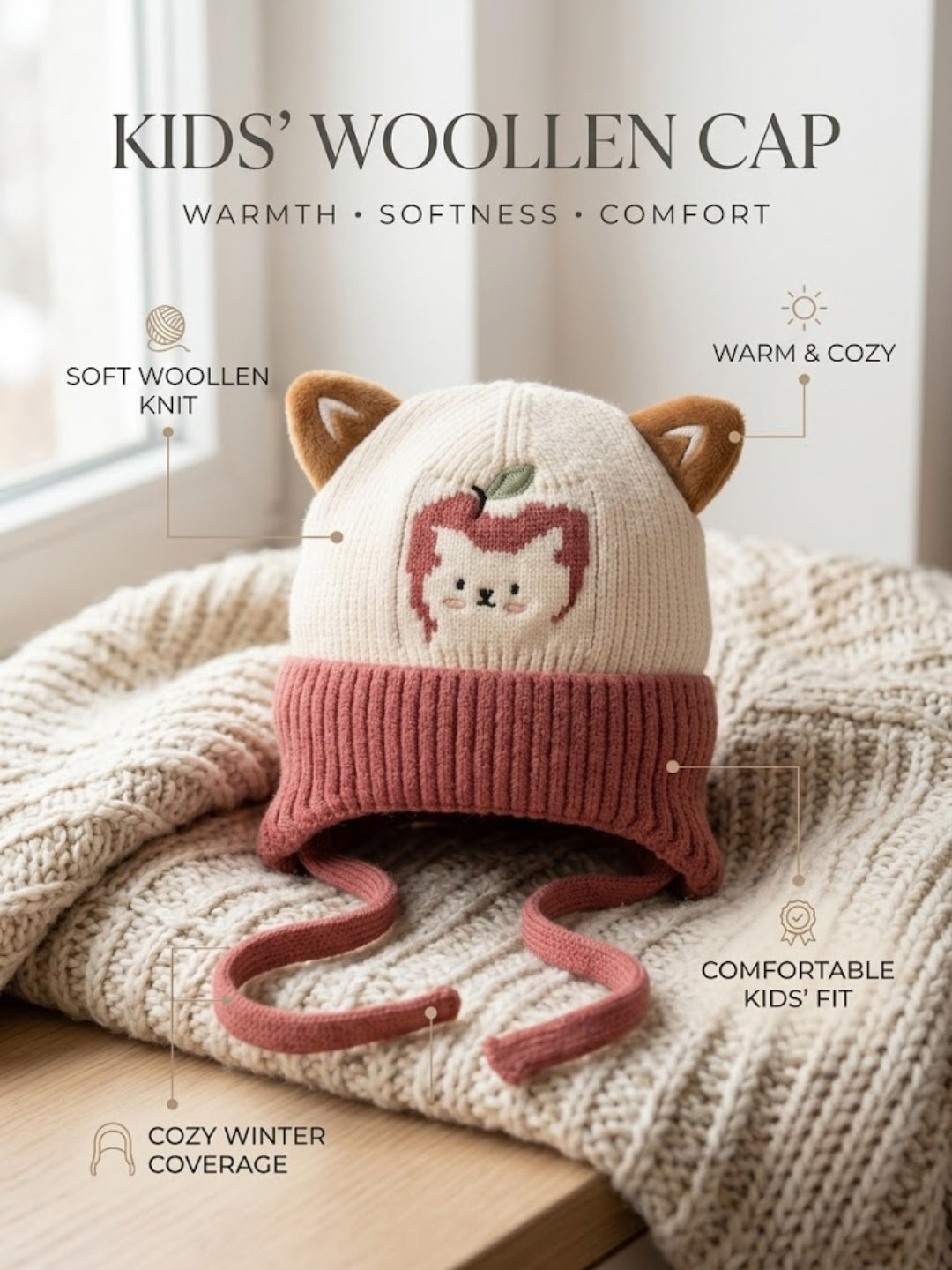 Cdeck Kids Woolen Winter Cap for Boys & Girls | Warm & Comfortable Winter Wear | 2–4 Years | Red