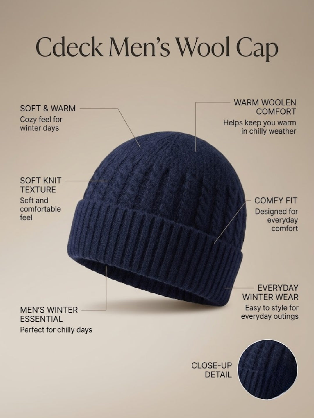 Cdeck Men’s Winter Woolen Cap | Ribbed Knit Beanie | Free Size | Soft & Warm | Blue