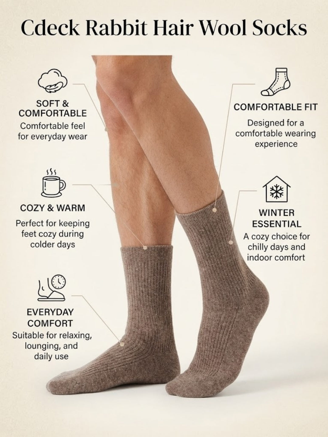 Cdeck Unisex Woolen Winter Socks | Soft Warm Wool Socks for Men & Women | Cozy Comfortable Winter Socks | Full Length | Brown