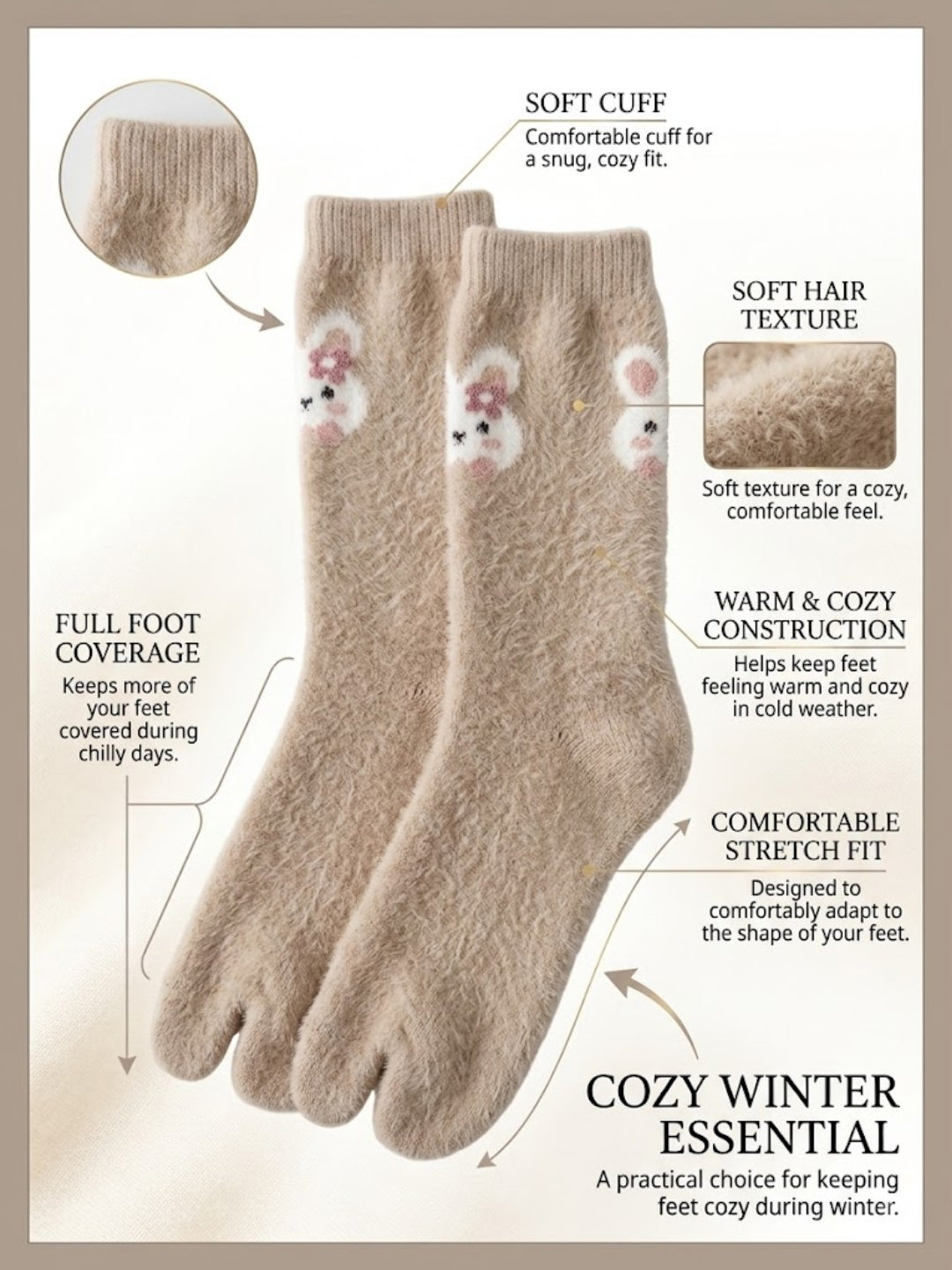Cdeck Women’s Premium Fuzzy Split-Toe Socks – Cute Bunny Design, Warm Winter Socks, Free Size, Beige