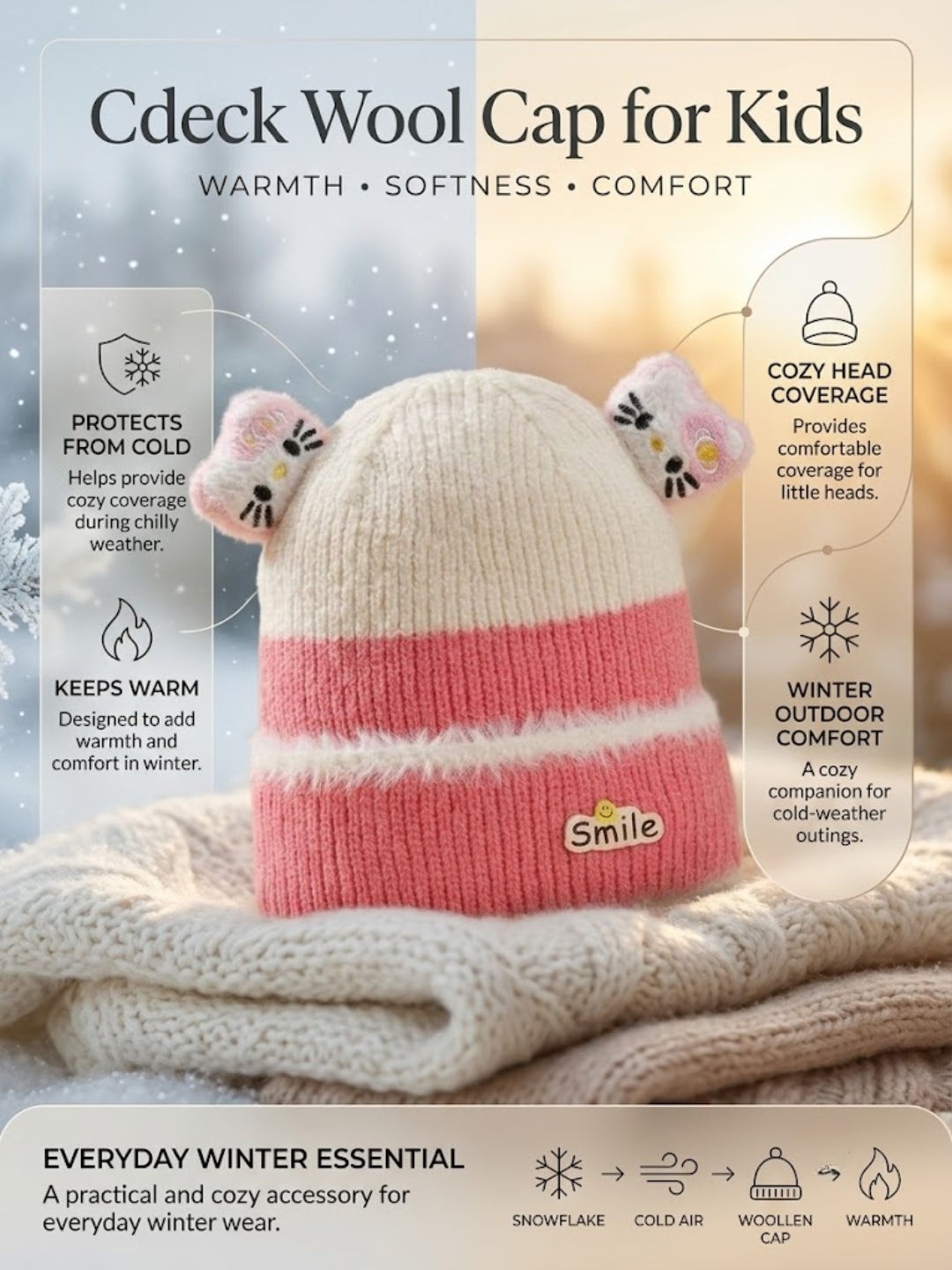 Cdeck Kids Woolen Winter Cap for Boys & Girls | Warm & Comfortable Winter Wear | 2–4 Years | Pink