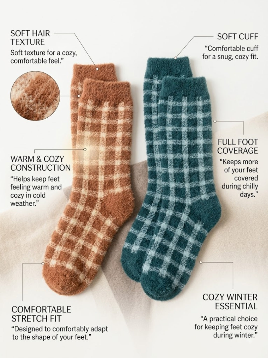 Cdeck Women’s Premium Soft Fuzzy Checkered Warm Winter Socks Combo for Women | Free Size | Brown & green