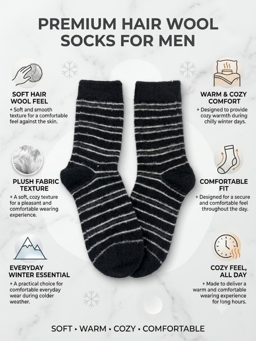 Cdeck Men’s Hair Wool Winter Socks | Single Pair | Soft, Warm & Comfortable | Black & White Striped