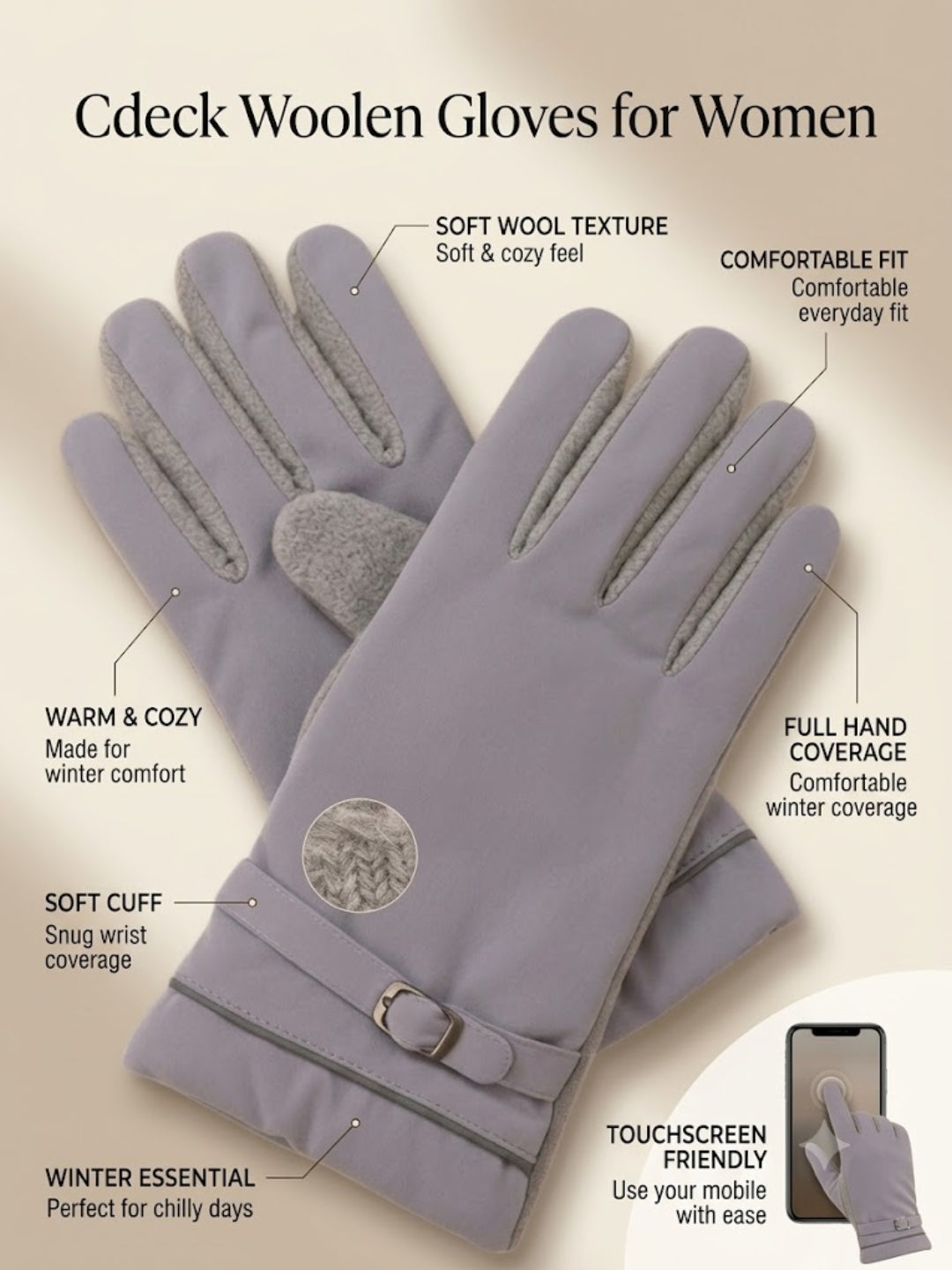 Cdeck Women’s Woolen Gloves | Warm & Stylish | Screen Friendly | Full-Finger | Free Size | Grey