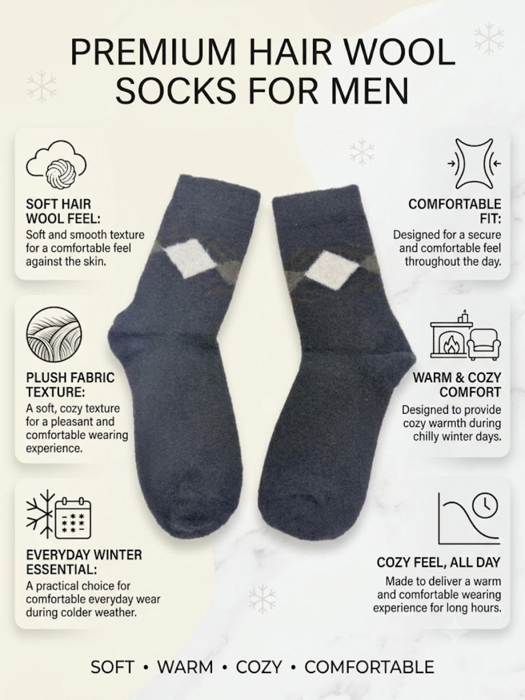 Cdeck Men’s Premium Hair Wool Winter Socks| Soft, Fuzzy, Warm & Comfortable | Black & Grey  | Free Size