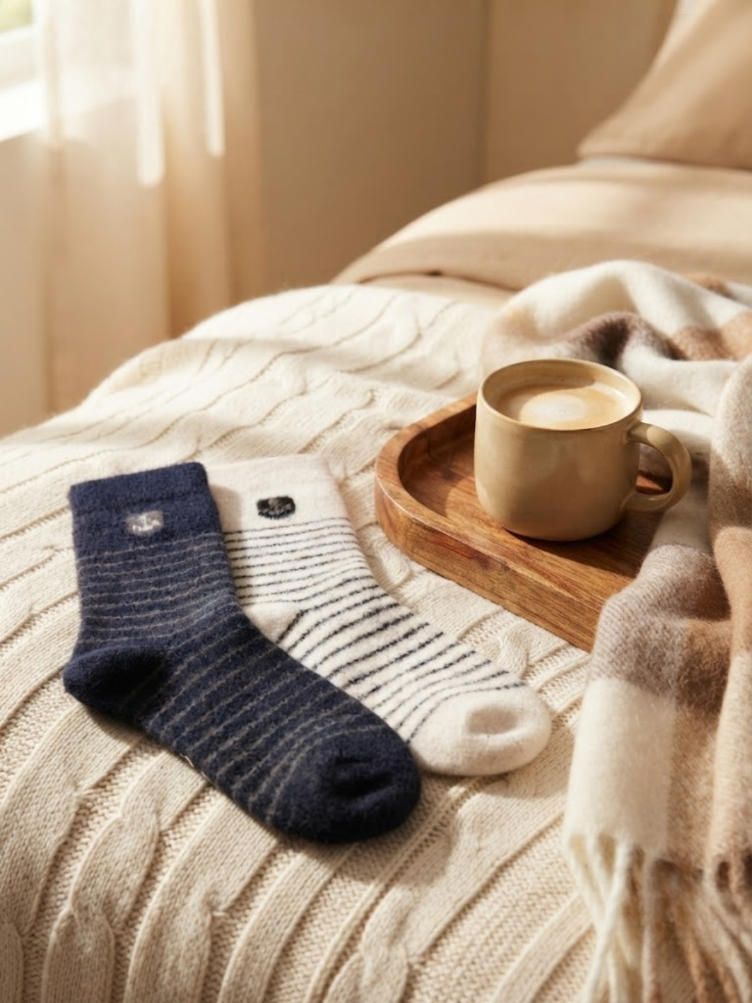 Cdeck Men’s Soft Wool Socks Combo | Cream & Navy Striped Winter Socks
