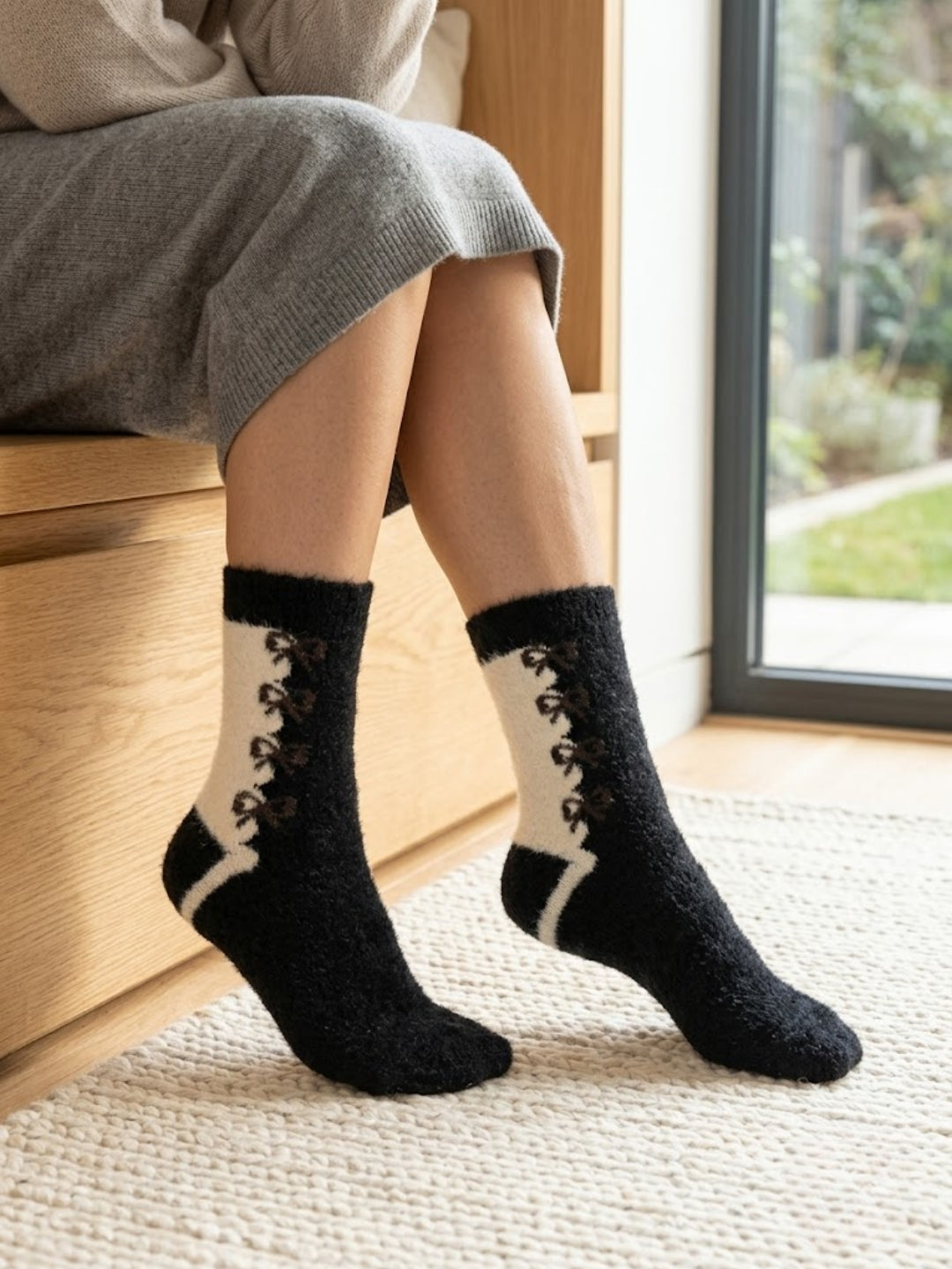 Cdeck Women Premium hair Wool Socks |  Warm & Comfortable | Free Size  |  Black & Cream