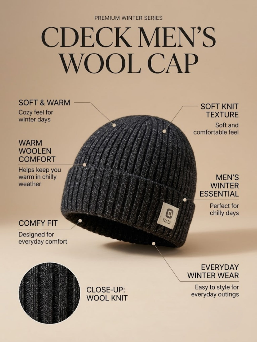 Cdeck Men’s Woolen Winter Cap | Ribbed Knitted Beanie | Free Size | Warm & Comfortable | Black