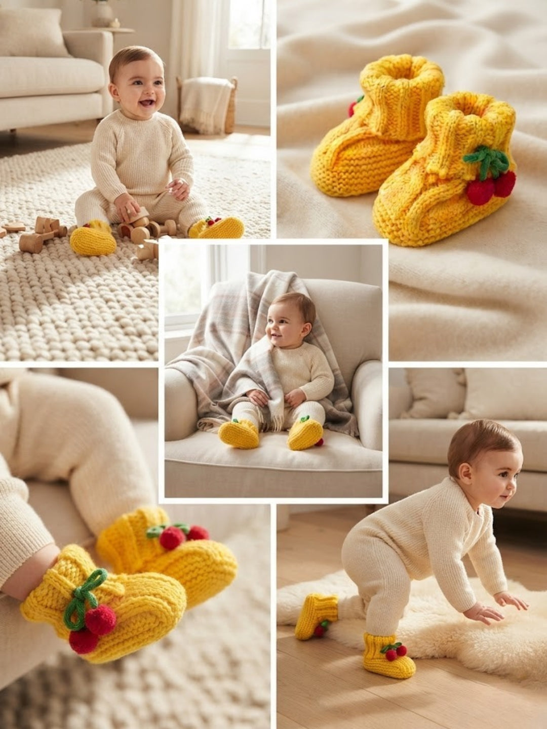 Cdeck Baby Wool Booties with Cherry Pom-Pom Design | Soft Knitted Baby Shoes | Cute Yellow Booties for Babies 0-9 Months