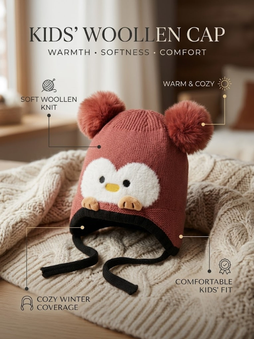 Cdeck Kids Woolen Winter Cap for Boys & Girls | Warm & Comfortable Winter Wear | 2–4 Years | Red