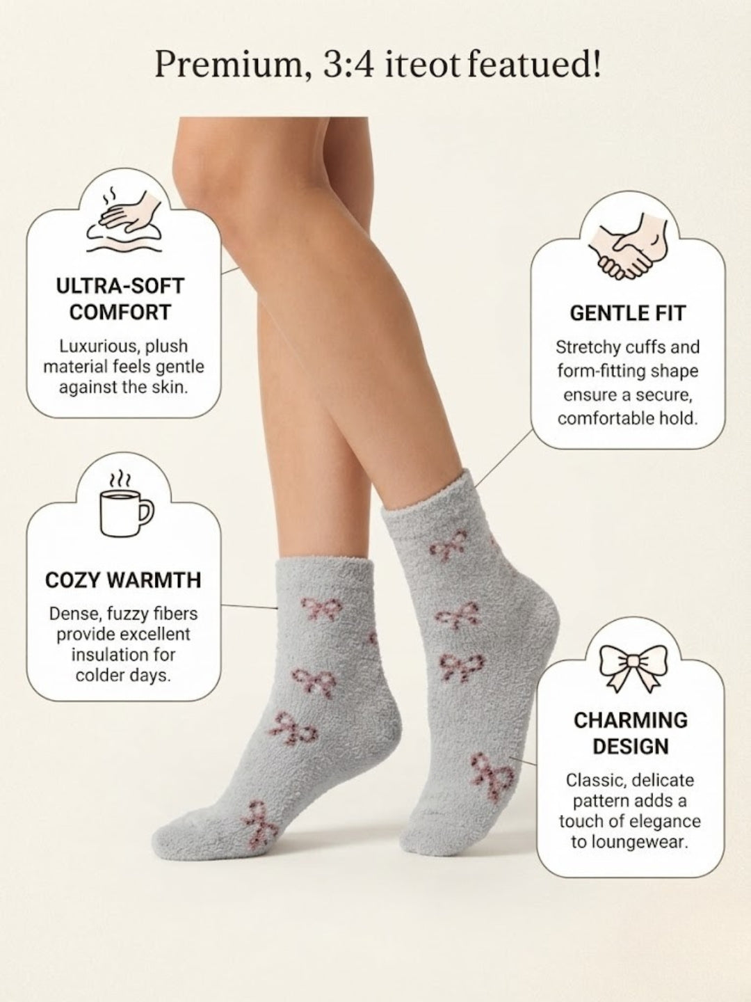 Cdeck Premium Rabbit Hair Wool Socks for Women – Ultra Soft Warm Cozy Mid-Calf Fuzzy Socks with Cute Bow Pattern