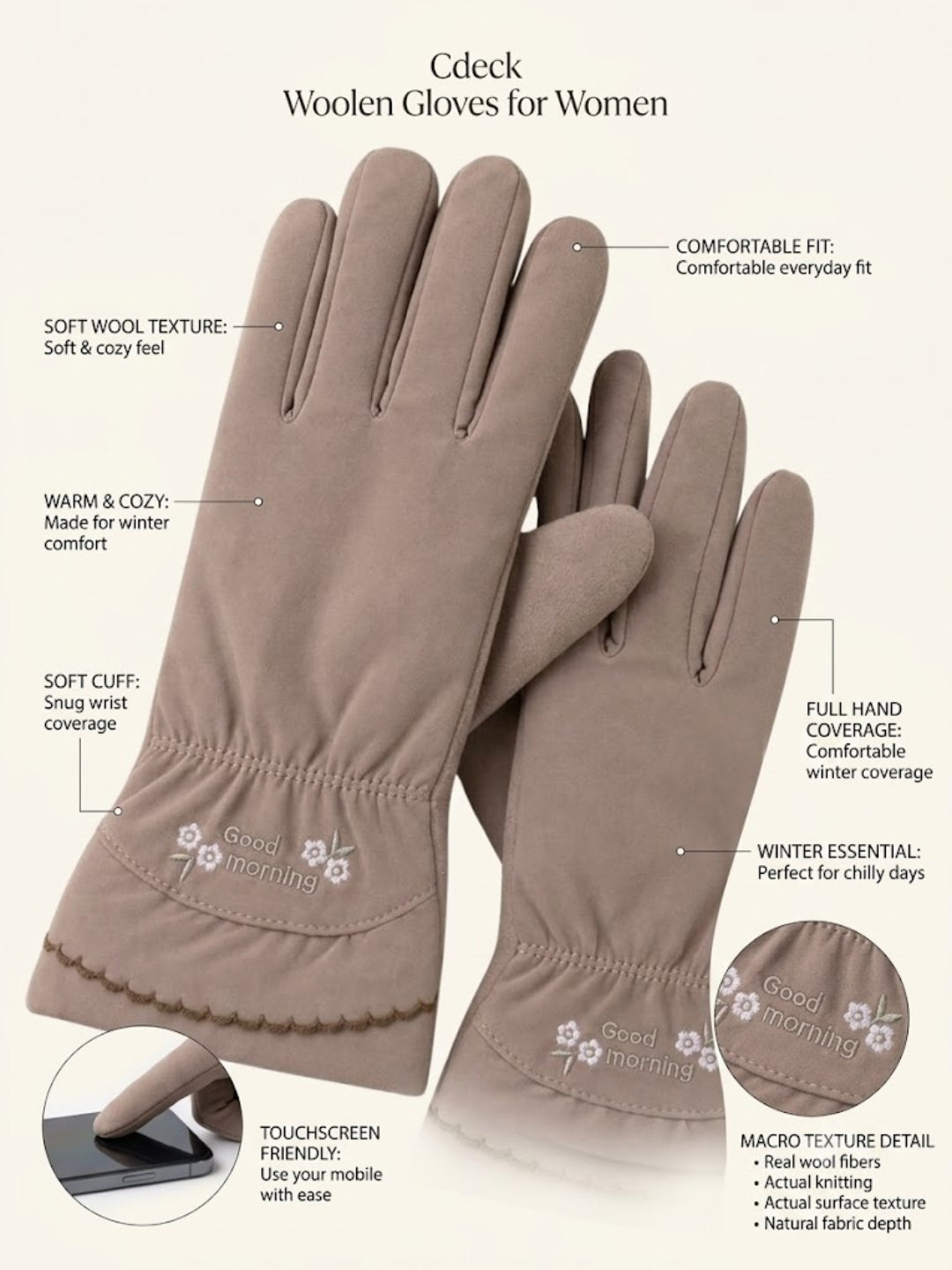 Cdeck Women’s Woolen Gloves | Warm Winter Gloves | Touchscreen Friendly | Free Size | Brown