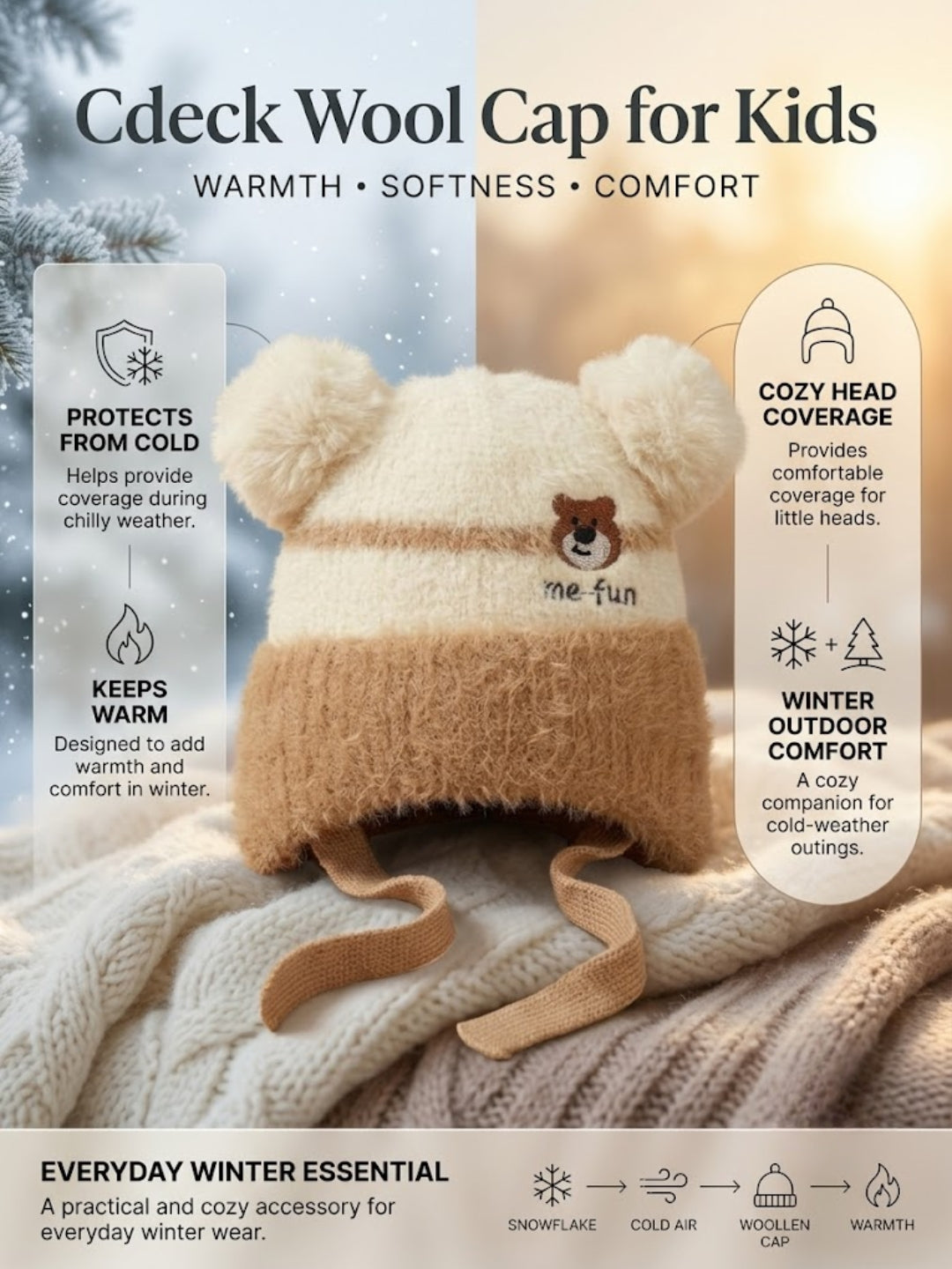 Cdeck Kids Woolen Winter Cap for Boys & Girls | Warm & Comfortable Winter Wear | 2–4 Years  | Beige