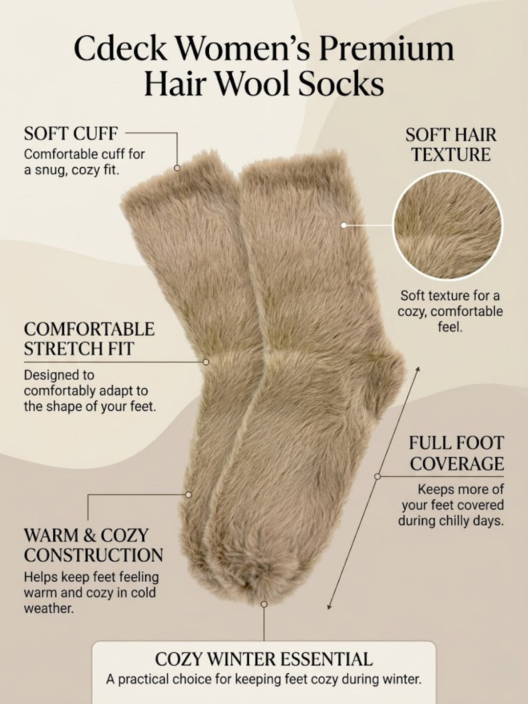 Cdeck Women’s Soft & Warm Fuzzy Socks | Cozy Thick Plush Winter Socks for Women | Beige