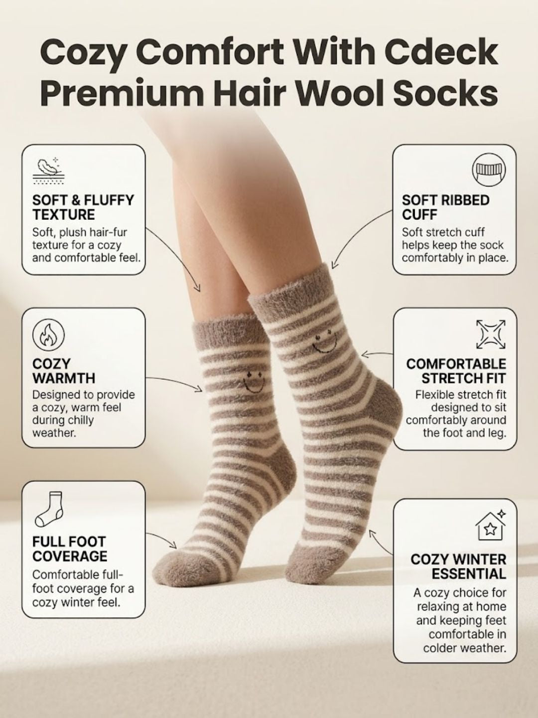 Cdeck Women’s Premium Hair Wool Fuzzy Socks | Soft & Warm Thick Winter Socks | Brown & Cream