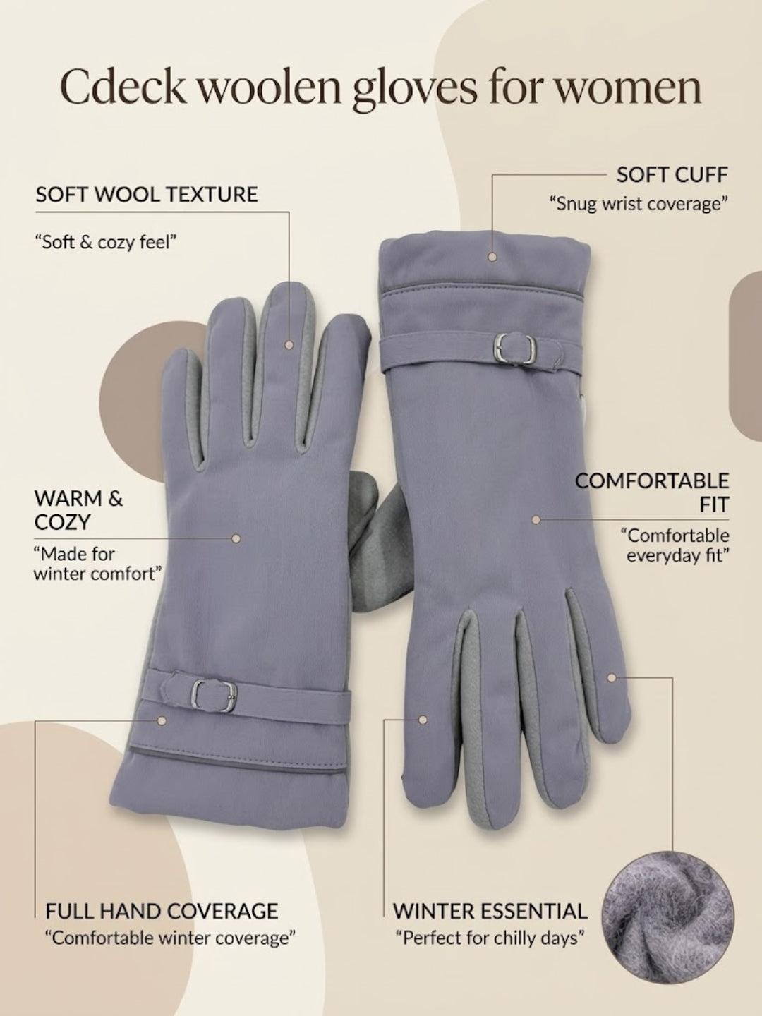 Cdeck Women’s Woolen Gloves | Warm & Stylish | Screen Friendly | Full-Finger | Free Size | Grey