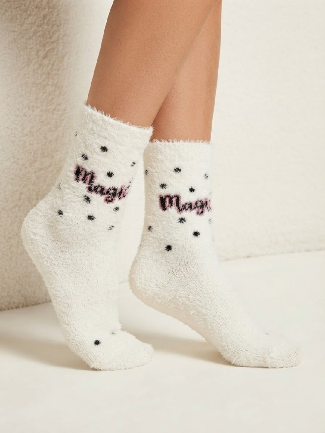 Cdeck Women’s White Fuzzy Socks with Pink  Design – Soft Plush Cozy Winter Socks