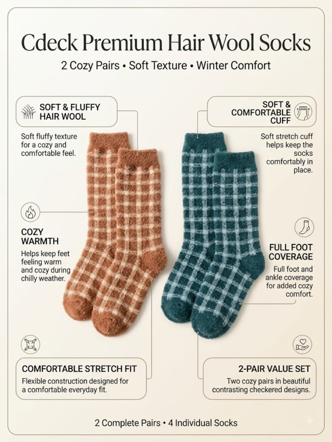 Cdeck Women’s Premium Soft Fuzzy Checkered Warm Winter Socks Combo for Women | Free Size | Brown & green