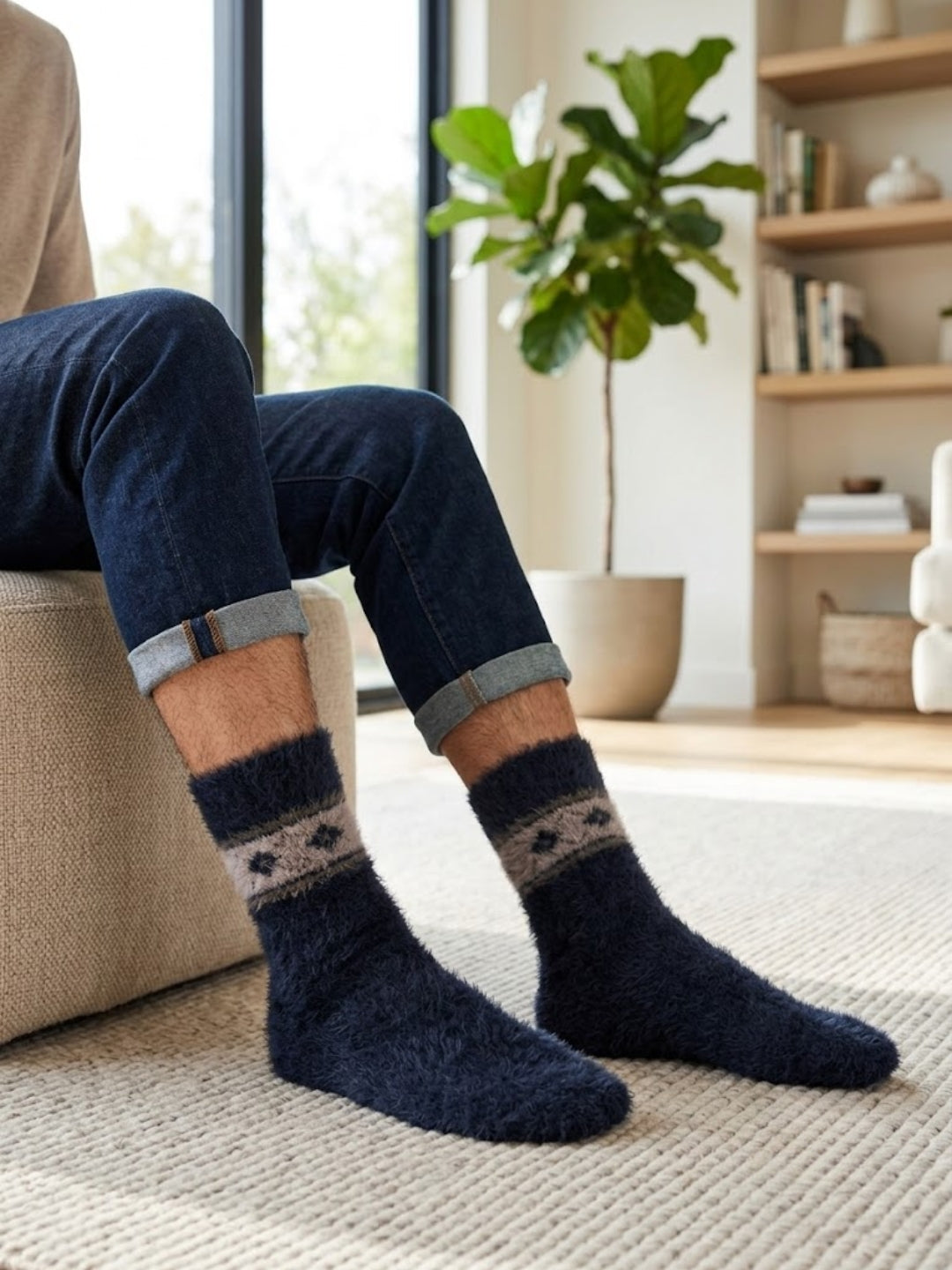 Cdeck Men’s Premium Fuzzy Wool Winter Socks | Soft, Warm & Comfortable | Stretchable Free Size | Navy Blue
