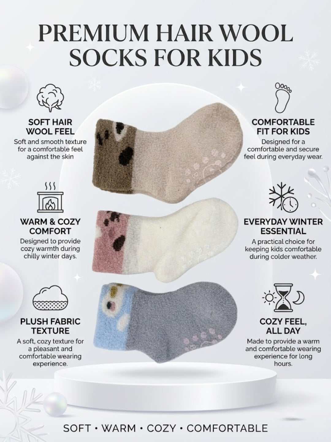 Cdeck Kids Premium Hair Wool Socks | Soft & Warm Winter Socks for Boys & Girls | 3 Pack | 0–4 Years | Multicolor