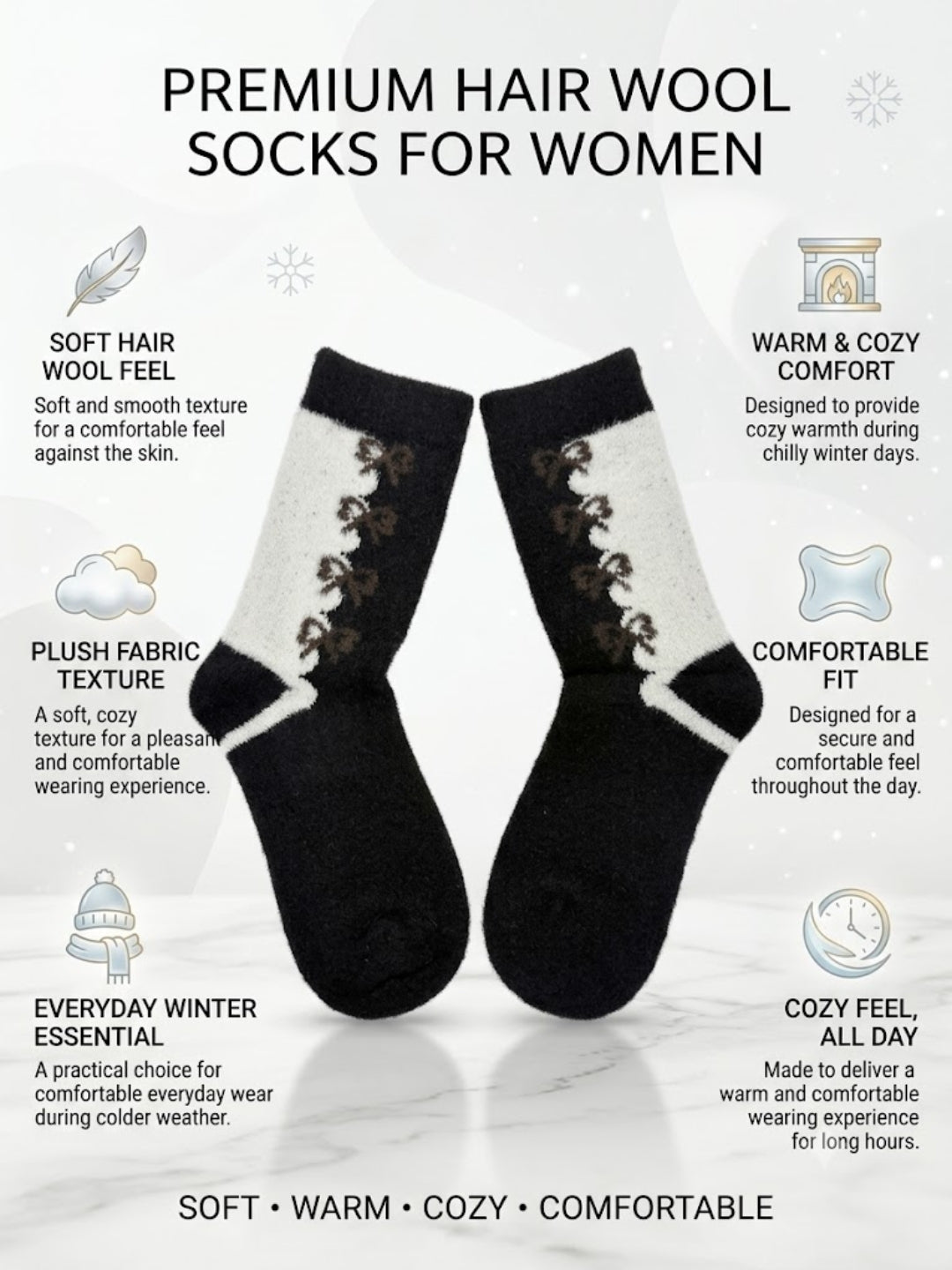 Cdeck Women Premium hair Wool Socks |  Warm & Comfortable | Free Size  |  Black & Cream