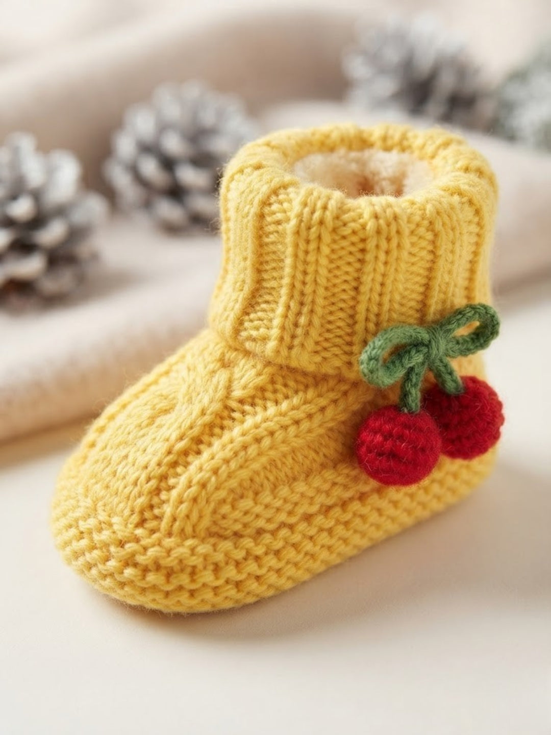 Cdeck Baby Wool Booties with Cherry Pom-Pom Design | Soft Knitted Baby Shoes | Cute Yellow Booties for Babies 0-9 Months