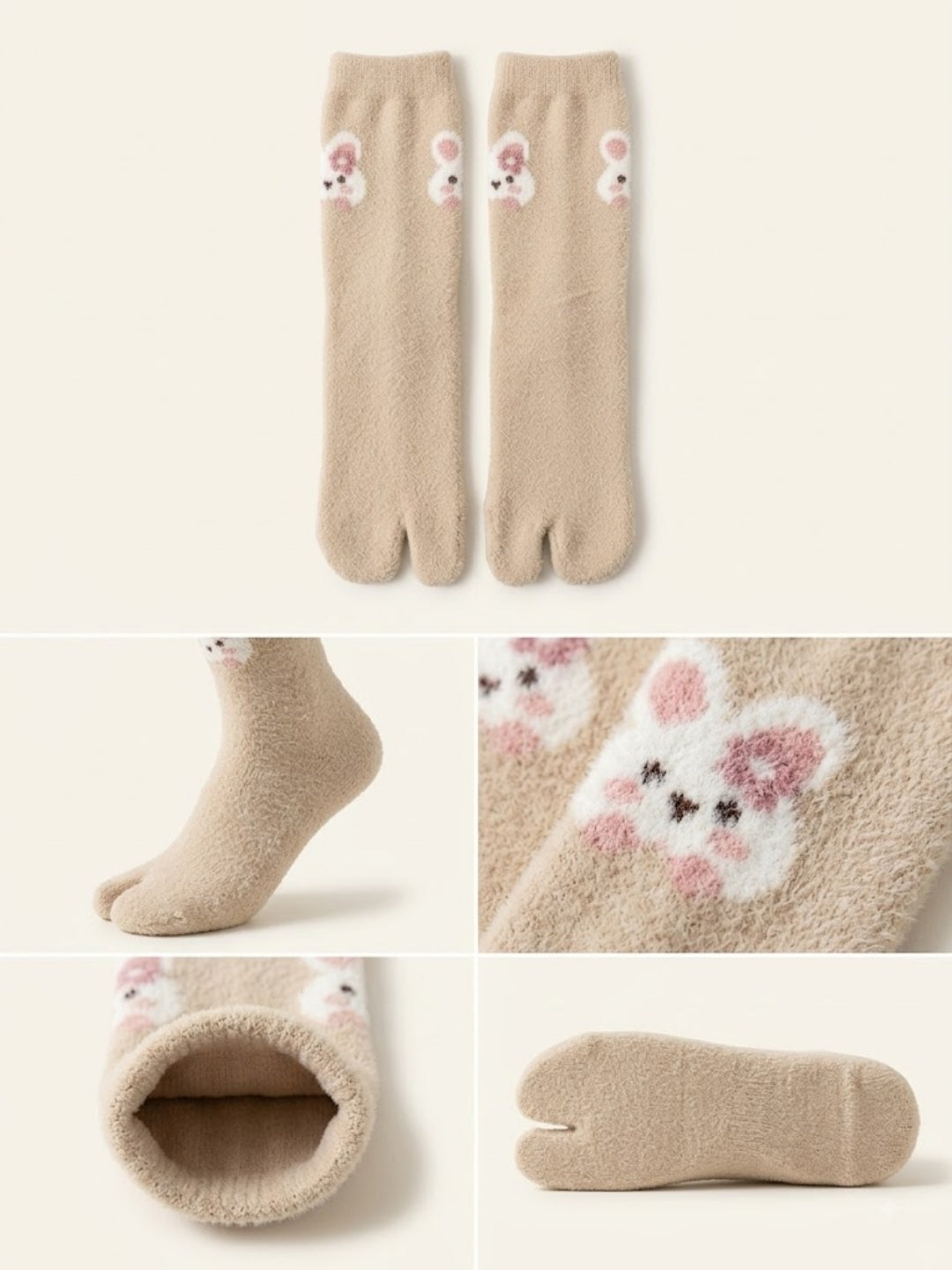 Cdeck Women’s Premium Fuzzy Split-Toe Socks – Cute Bunny Design, Warm Winter Socks, Free Size, Beige