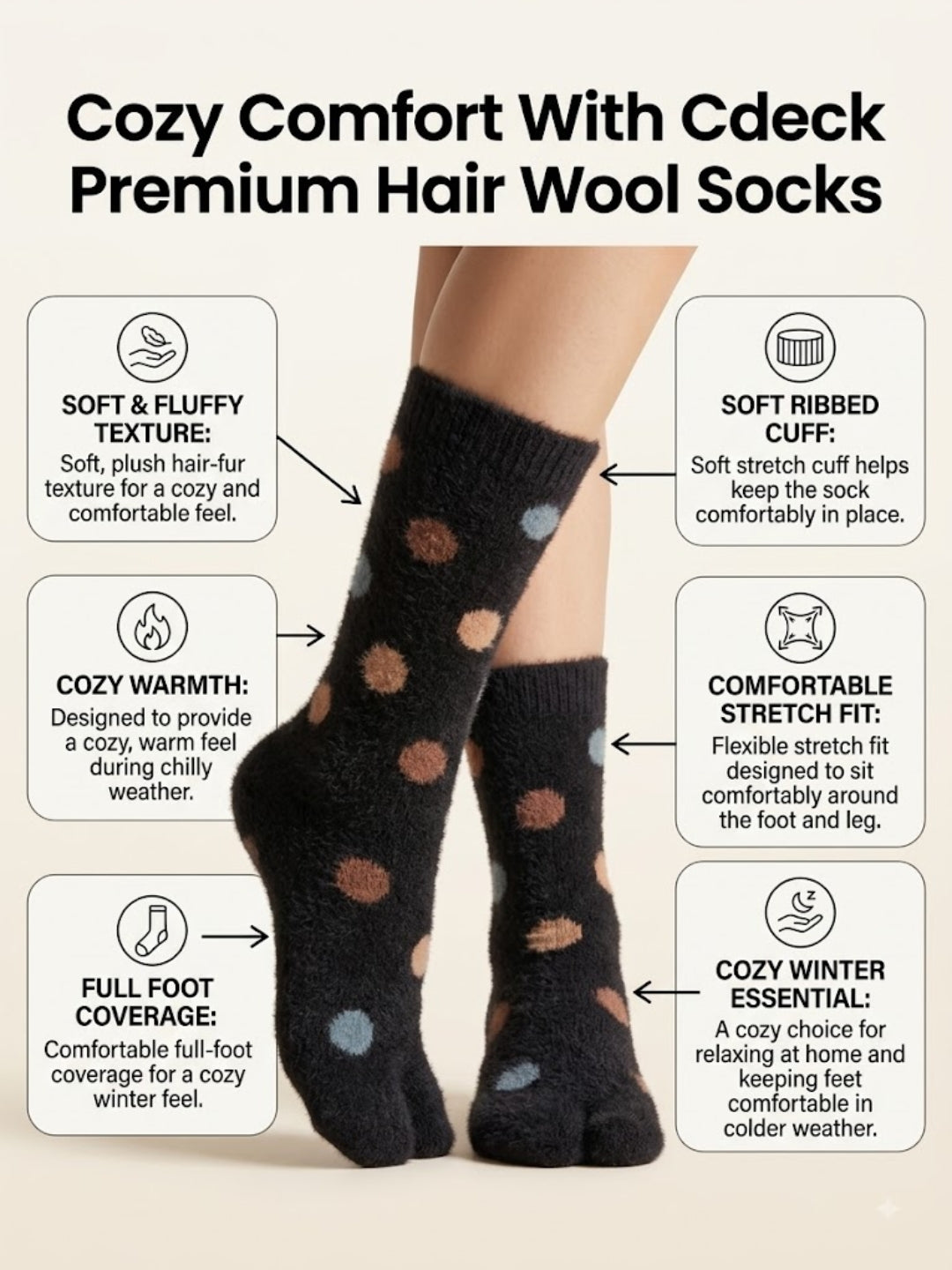Cdeck Premium Warm Socks for Adult Women | Soft Cozy Rabbit Hair Wool Winter Socks for Everyday Wear | Black