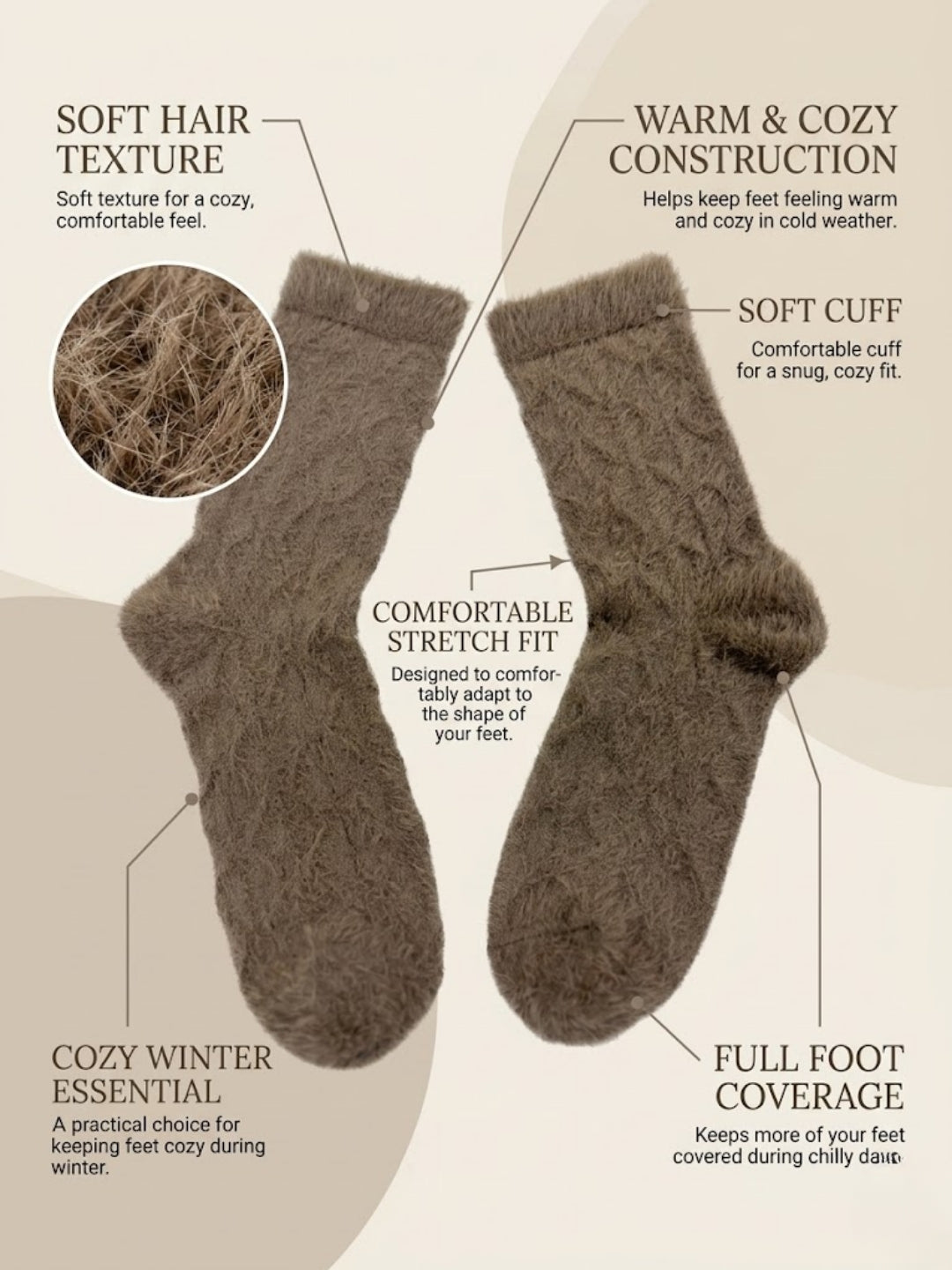 Cdeck Women’s Soft & Warm Woolen Fuzzy Socks | Cozy Thick Winter Socks for Women | Taupe Brown