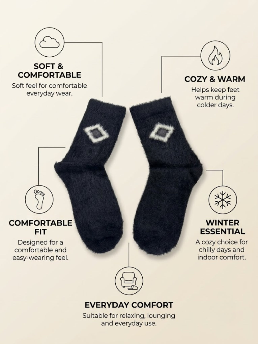 Cdeck Men’s Premium Hair Wool Winter Socks | Soft, Fuzzy, Warm & Comfortable Free Size | Black
