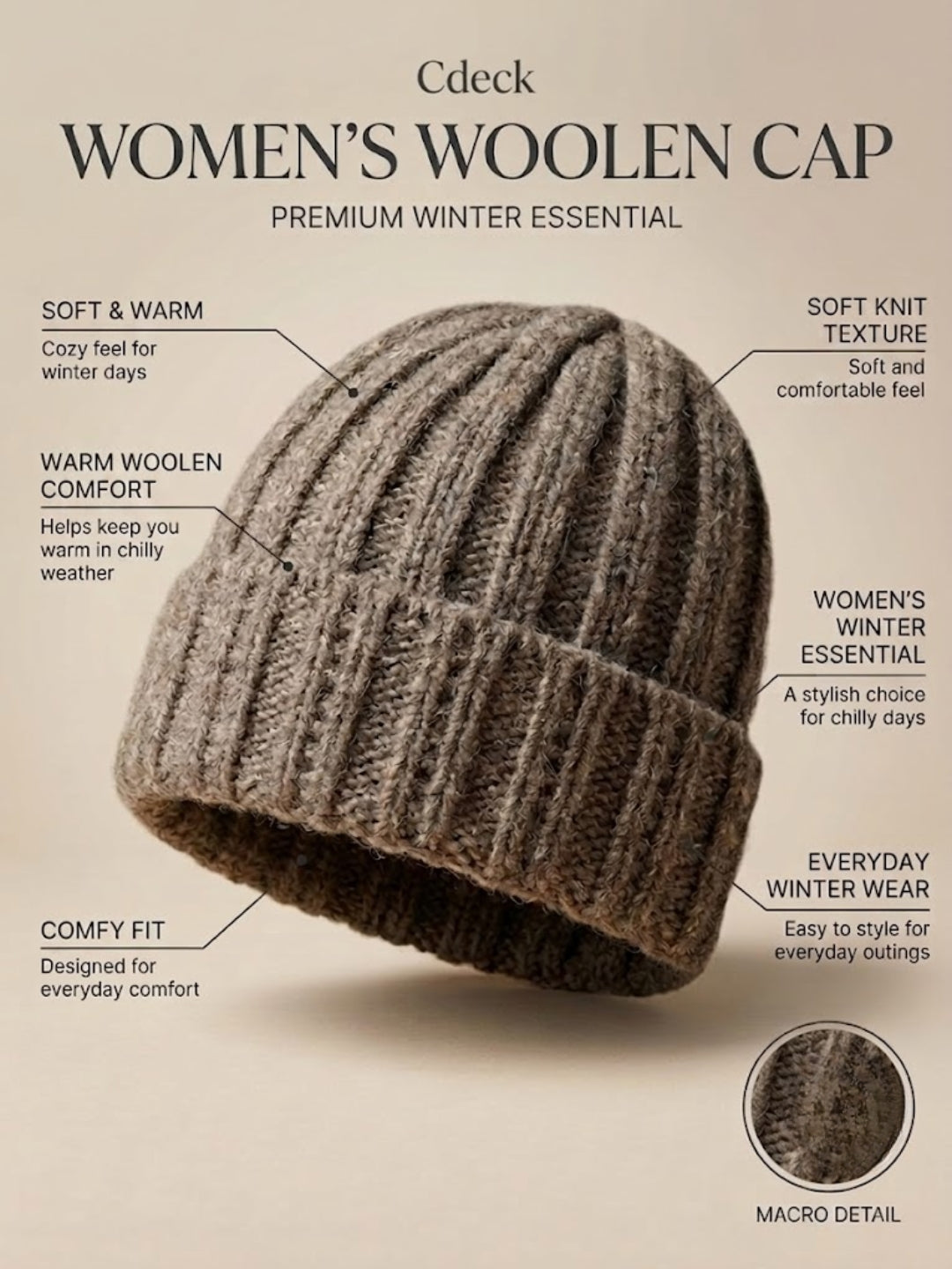 Cdeck Women Woolen Cap | Soft Knitted Winter Beanie for Women | Warm & Stylish Winter Wear | Free Size| Green