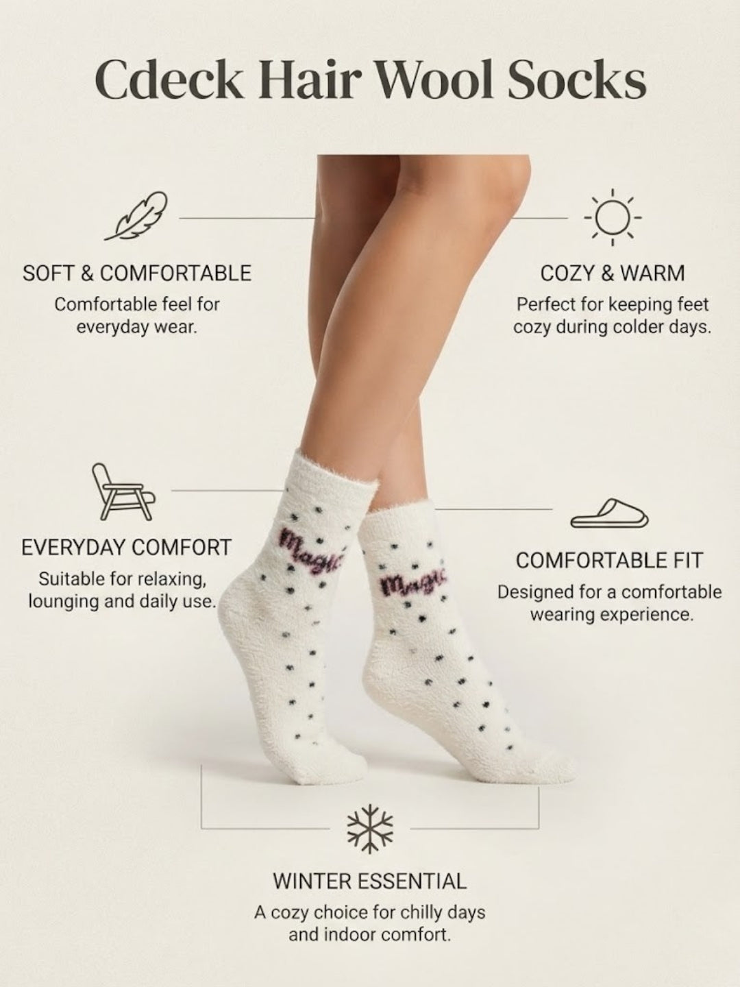 Cdeck Women’s White Fuzzy Socks with Pink  Design – Soft Plush Cozy Winter Socks